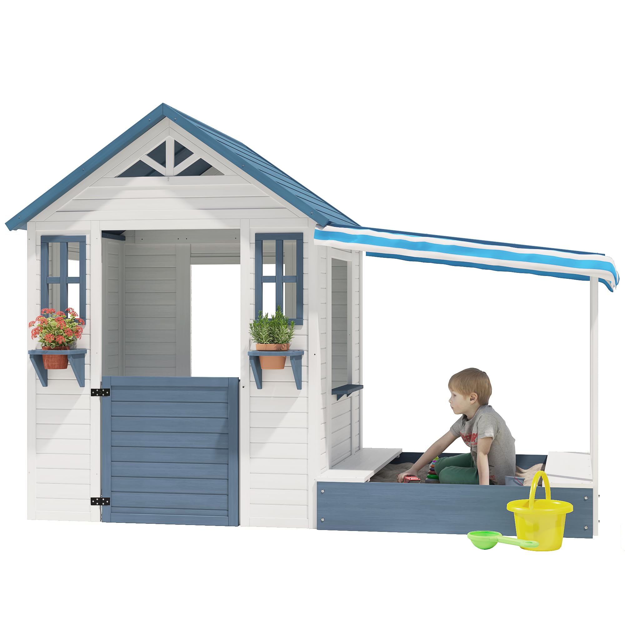Kids Playhouse with Sandbox, Wooden Outdoor Cottage Play House with Sand Pit for Backyard Garden Ages 3 to 10 Years Old (Grey)