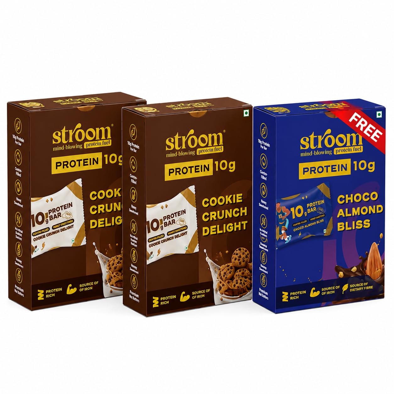 STROOM Centre Filled Protein Bars 10g Cookie Crunch & Choco Almond | 2 Box Cookie Crunch + 1 Box Choco Almond Combo Pack, Source of Fibre & Iron, Muscle Growth & Repair-image-30