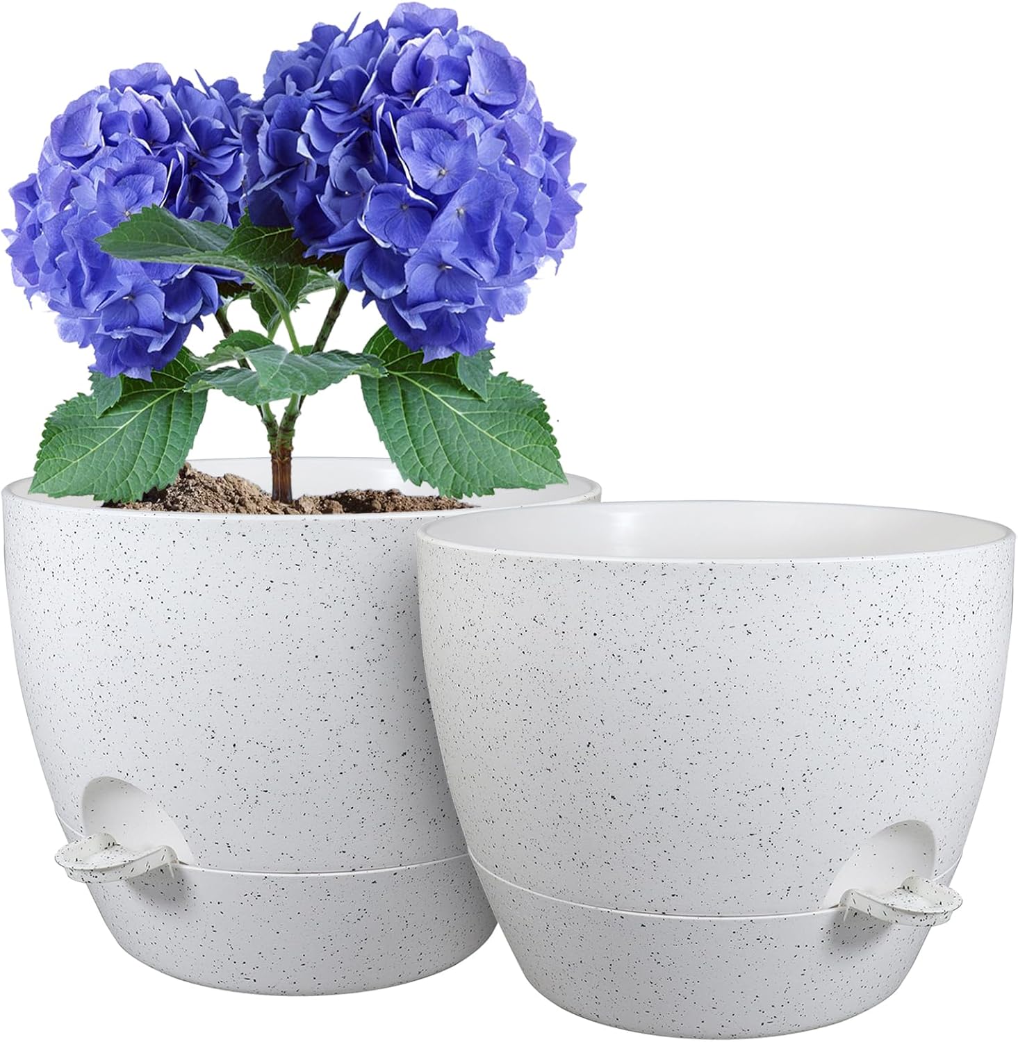 WSMKSZ 10 inch Self Watering Pots, Planter, Plant Pots with Mesh Drainage Holes for Indoor Outdoor House Plants and Garden, Pack of 2 Plastic Flower Pots with Deep Reservoir, Speckled Black