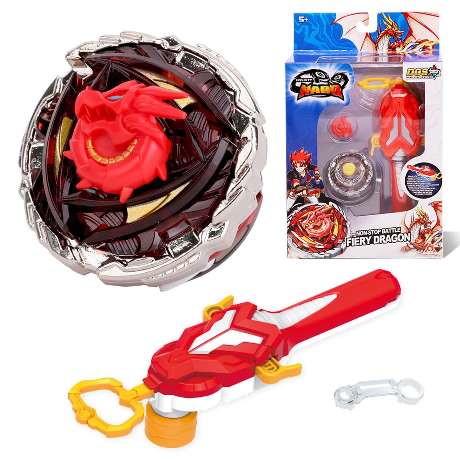 INFINITY NADO Peonza para Niños de Juguete de Metal, Peonzas con Lanzador Magnético Fiery Dragon, Juguetes para Niños Niñas 5 6 7 8 9 10 11 12 Años,Deep Red