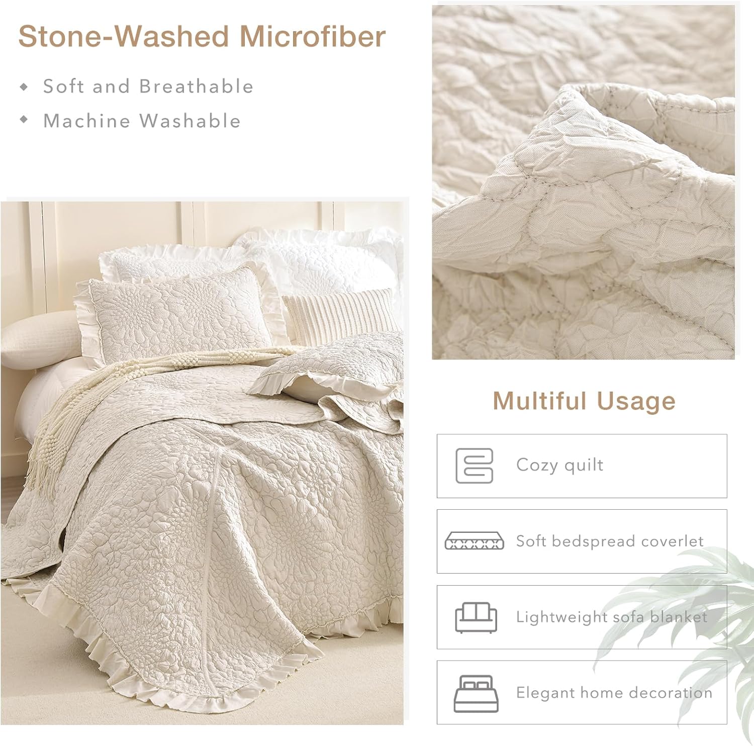 Masaca Oversized King Bedspread 120x120,Wheat Ruffled Crinkled Oversized California King Quilt Farmhouse Shabby Boho Chic Rustic Stone-Washed Microfiber Extra Large Bedding Set Soft and Lightweight - Image 4