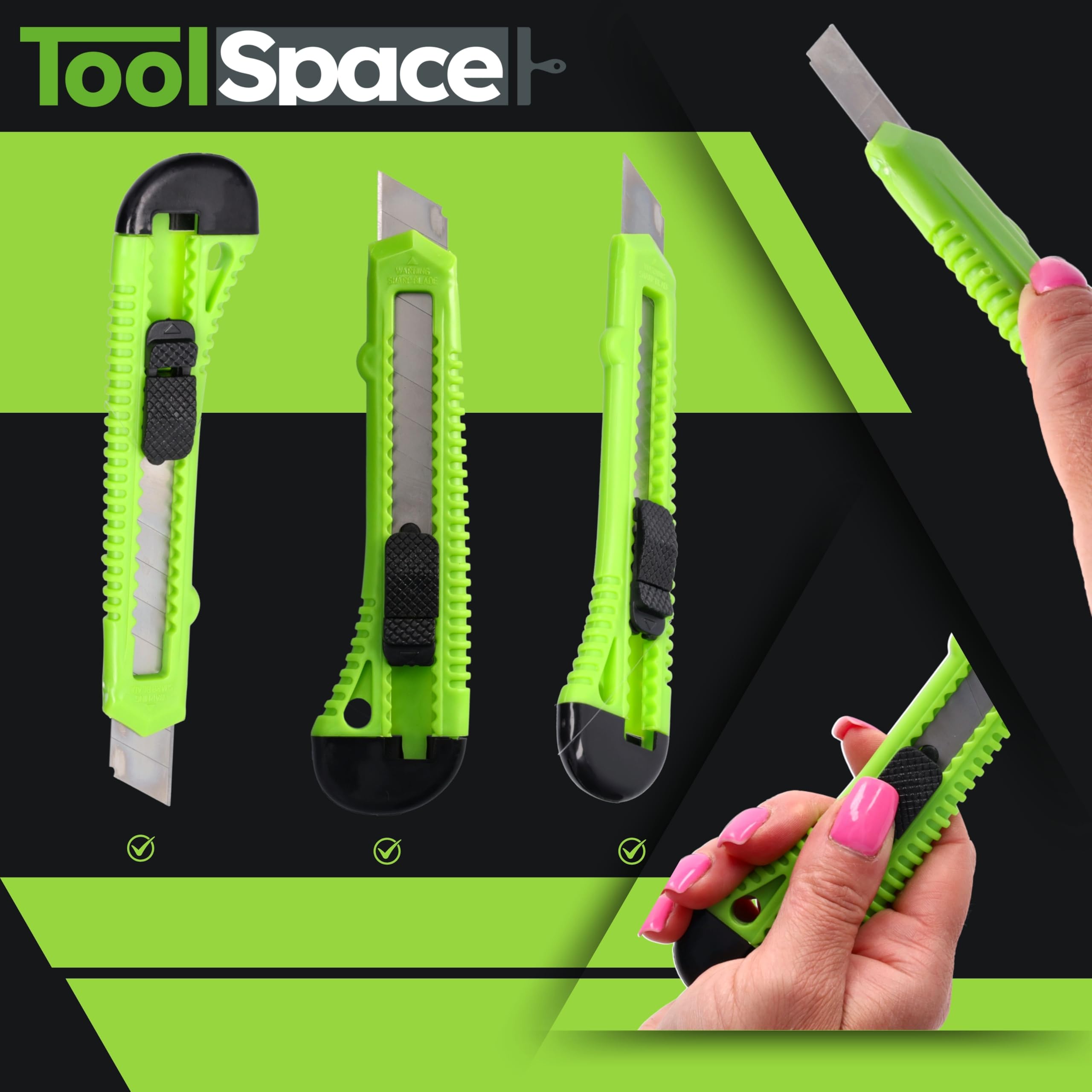 ToolSpace Set 5 Taglierini Professionali Cutter Lama Diciotto Millimetri Acciaio Inox Impugnatura Ergonomica Blocco Sicurezza Taglio Preciso Cartone Carta Da Parati Qualita Professionale Garantita