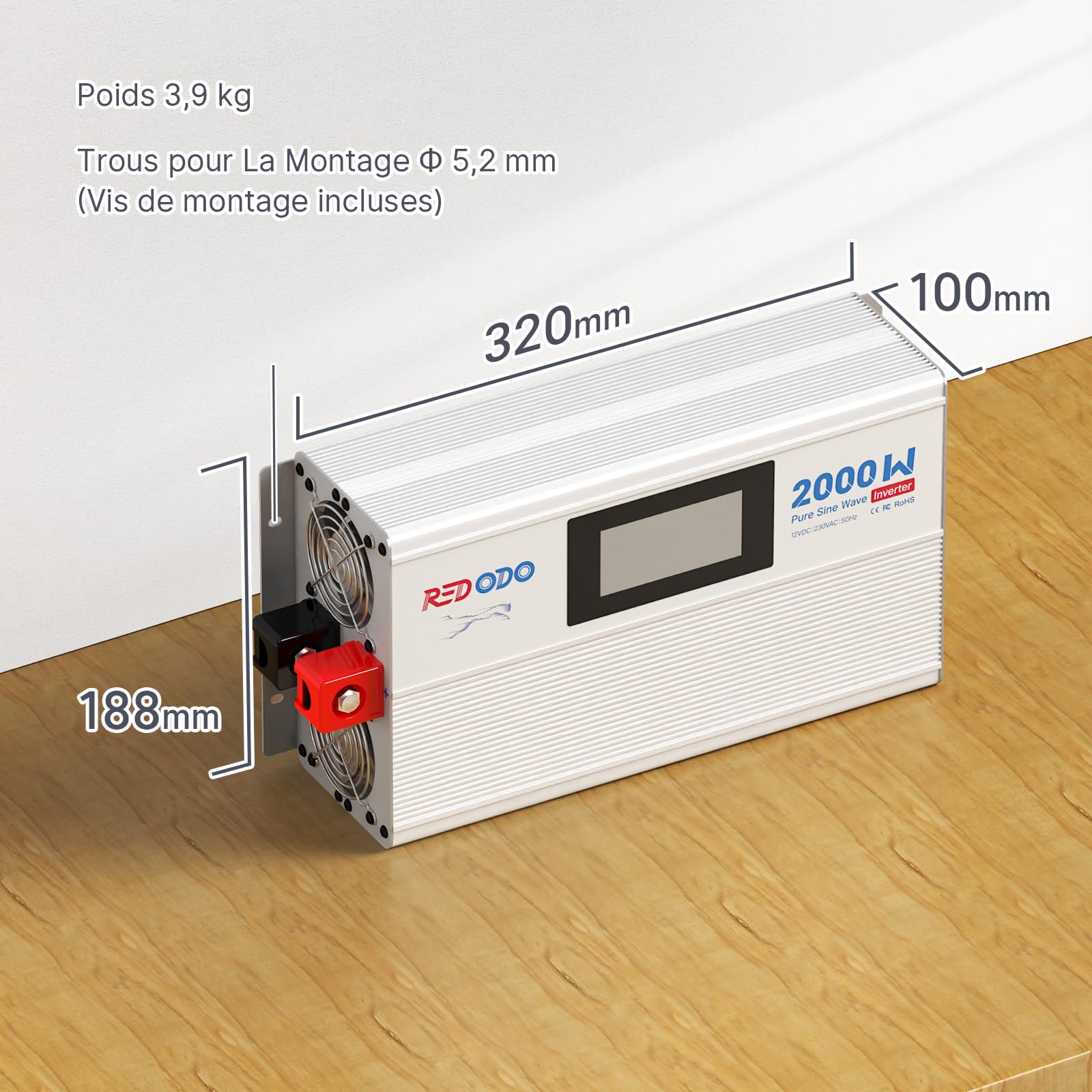 Redodo Onduleur à Onde Sinusoïdale Pure 2000W 2V DC à 230V AC Convertisseur pour Womo, Camping, Onduleur Solaire avec 2 x Sorties AC, Ecran de Contrôle avec Affichage de l'Etat en Temps Réel