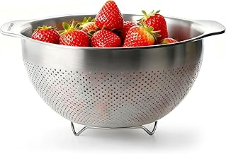 Table Kitchen Strainer, Pasta Strainer with 2 Stainless Steel Handles, Universal Sieve, Large Micro-Perforated Colander for Draining & Rinsing Kitchen, Vegetables, Fruit, Rice, 25 cm