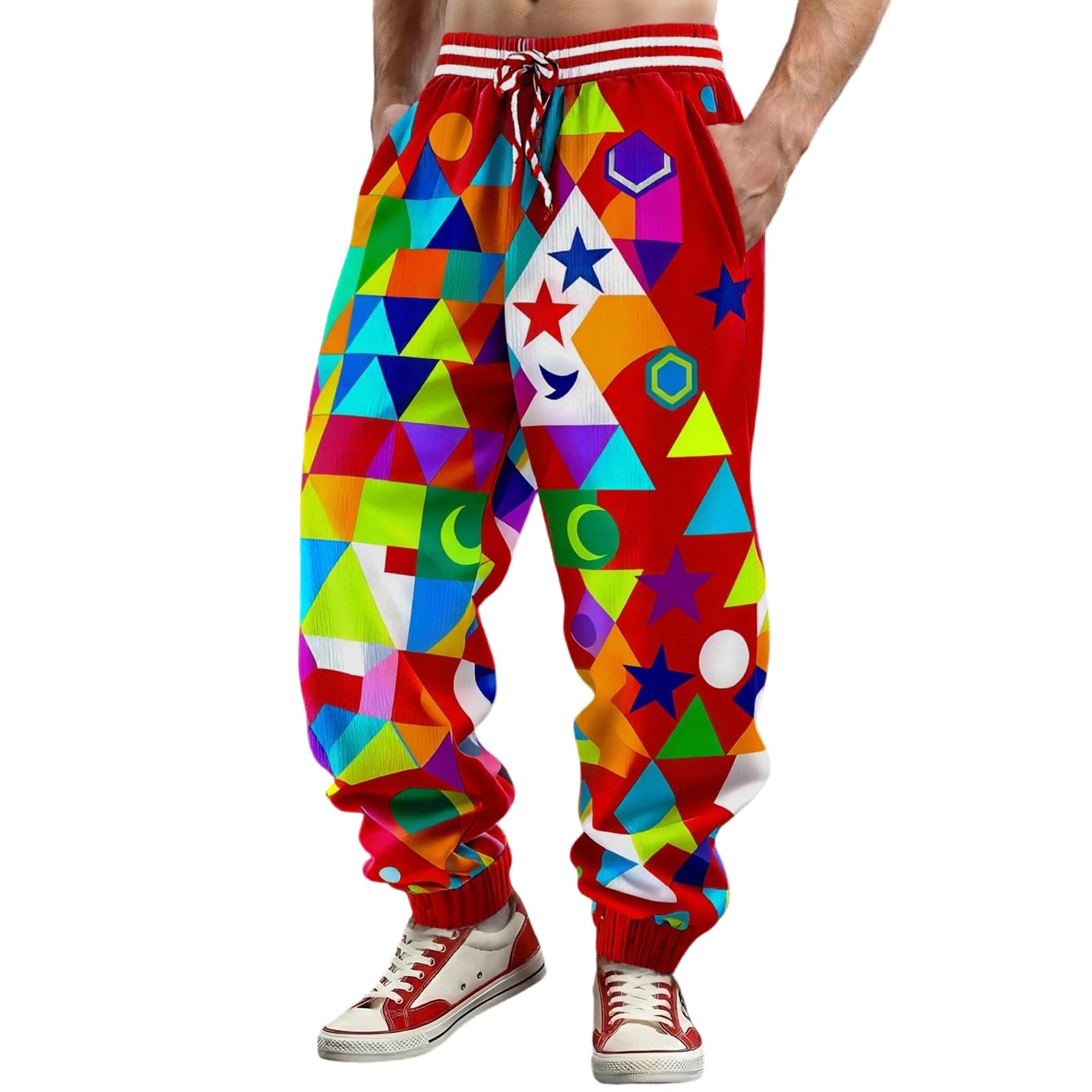 Générique Men's Harem Pants Clown Costume Carnival Clown Trousers Lapel Pattern Elastic Waist Casual Jogging Bottoms Pyjama Bottoms Baggy Pants, A Red, 3XL