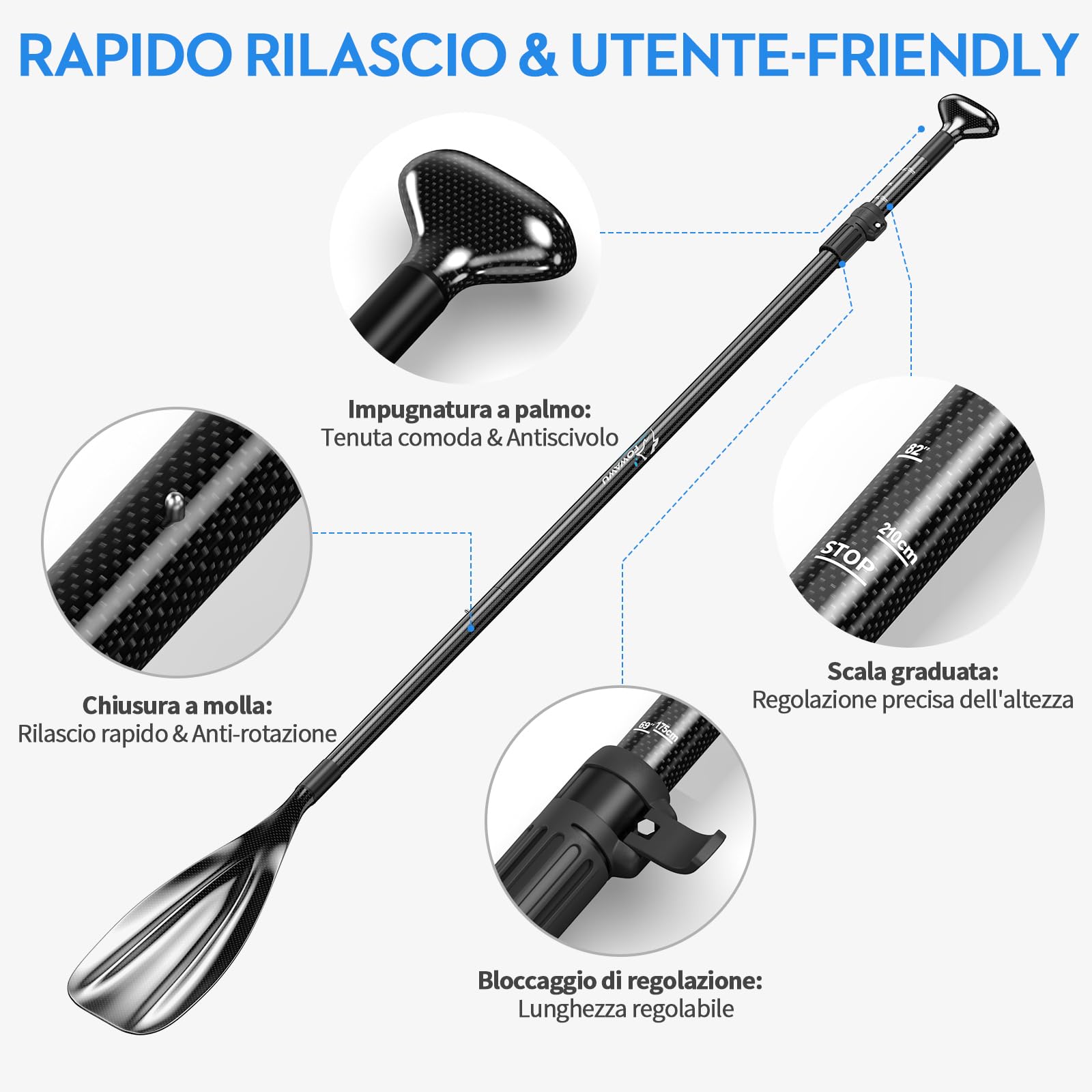 Pagaia SUP FOWAWU in carbonio parziale/Carbonio completo - Pagaia per paddle board a tre pezzi regolabile - Remi leggeri e galleggianti per paddle board SUP