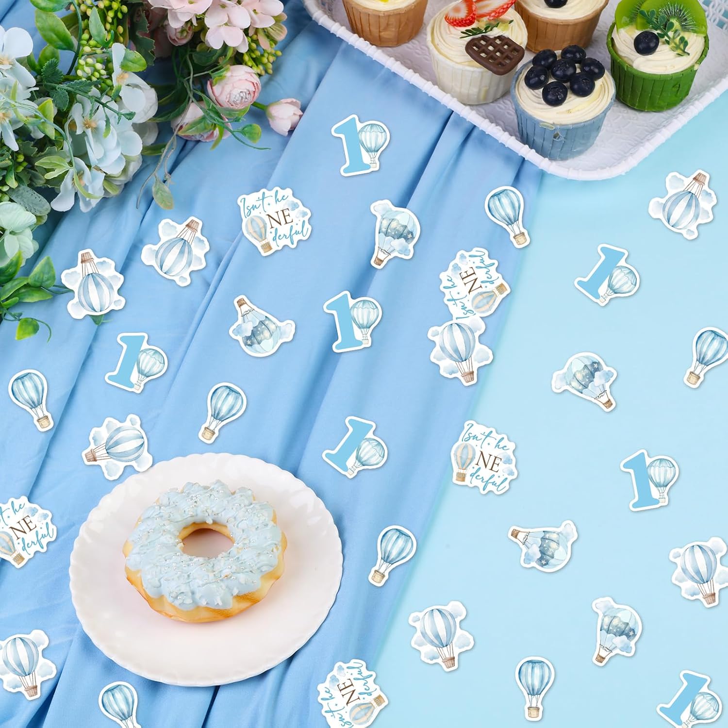 Hot Air Balloon 1st Birthday Decorations 200pcs Blue Isn't He Onederful Confetti Clouds Hot Air Balloon Table Scatter Decors Travel World Airplane Travel Adventure First Birthday Party Supplies image 2