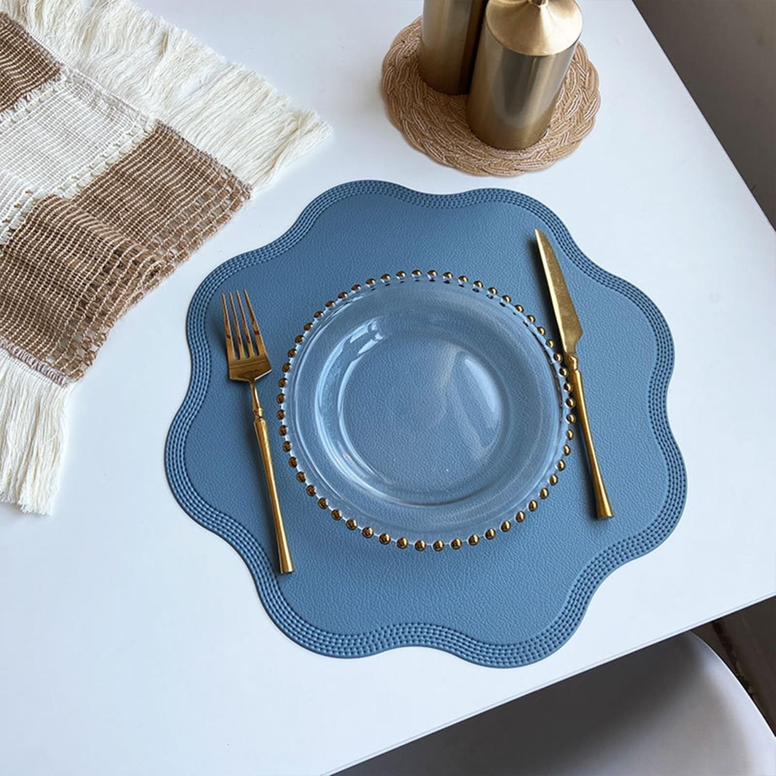 Sets de table bleu uni motif floral geometrique lot de 6 ronds grand diametre cuisine