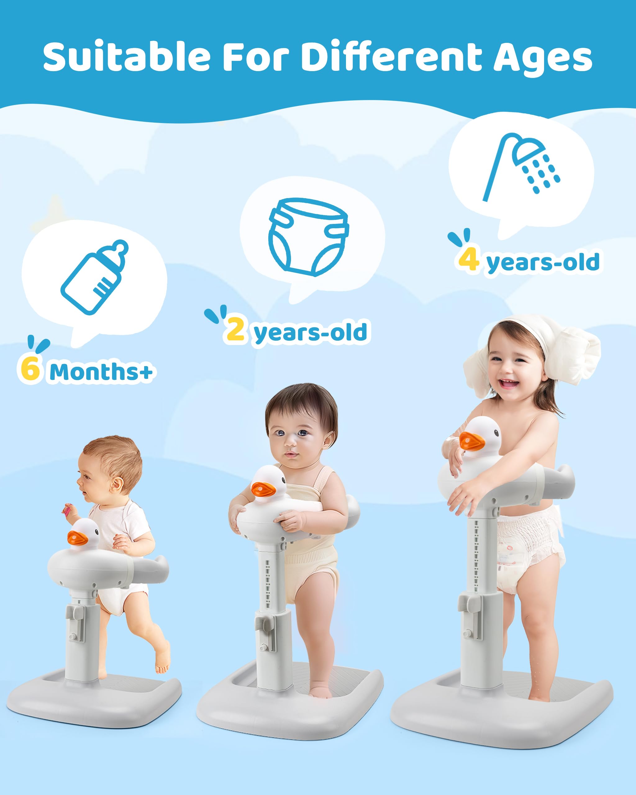 Altura ajustable para la bañera de bebé con asiento: ducha de pie con asiento para niños a partir de 6 meses – Base antideslizante y diseño de pato ayuda a la ducha infantil