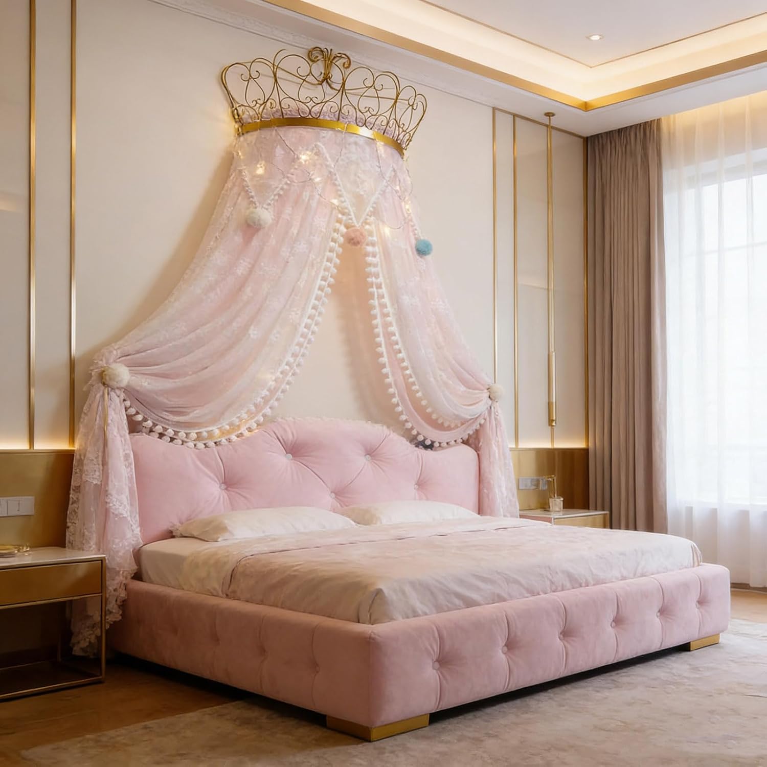 BK&MF Princess Crown Bed Canopy for Girls Room, Double Layer Lace Tulle Mosquito Net for Bed Pink Nursery Decor, Bed Drapes Netting for Full Queen King Size Bed,F,100cm(39") Twin