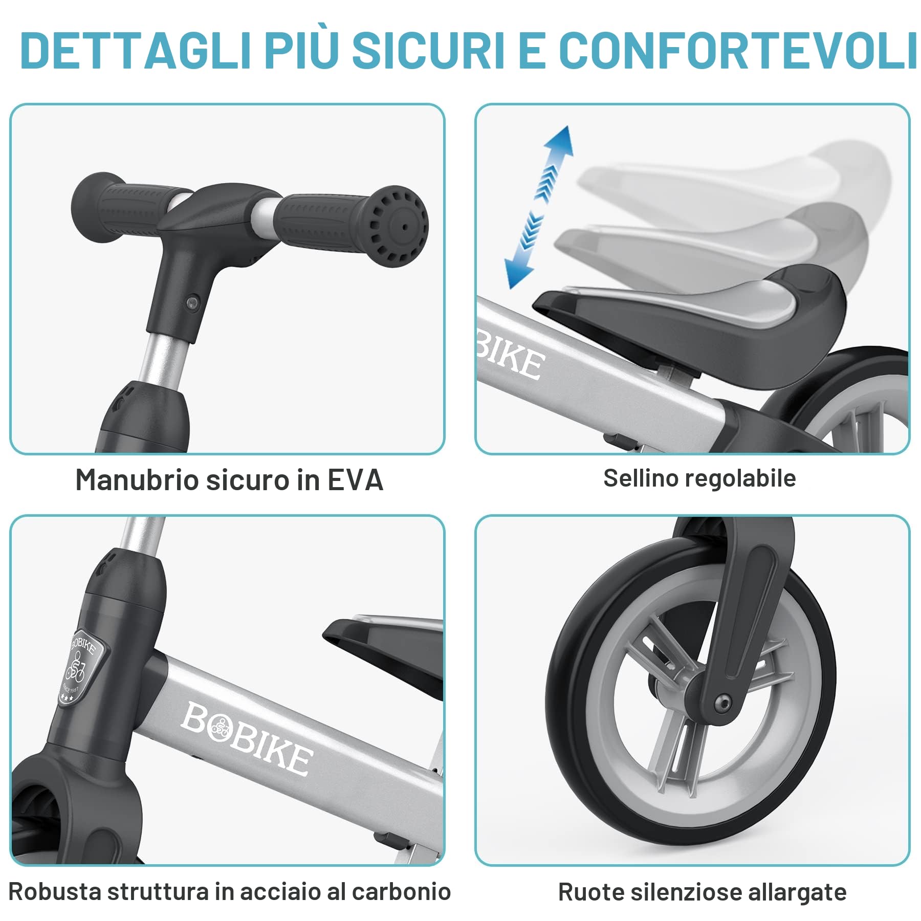 MHCYLION Bicicletta Bambini Senza Pedali per 1,5-4 Anni Fino a 25 Kg, volante e sellino Regolabili in Altezza, Bloccasterzo, Giocattoli Regali per Bambini Bicicletta Equilibrio Bambino,Argento
