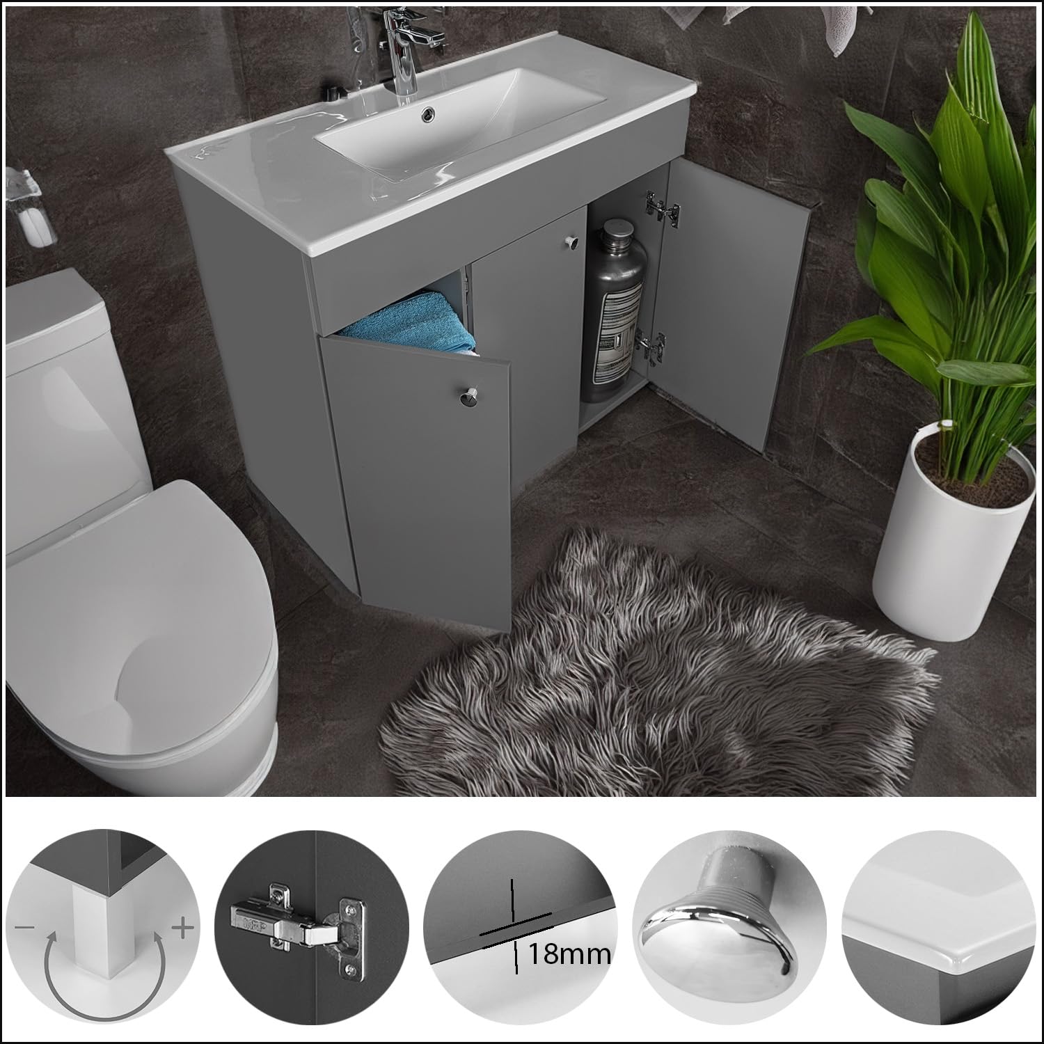 Szafka pod umywalkę 80 cm szerokość | Szafka łazienkowa IGA Sink | Zestaw mebli łazienkowych do łazienki i toalety dla gości | Umywalka z szafką stojąca | Szafka pod umywalkę szara