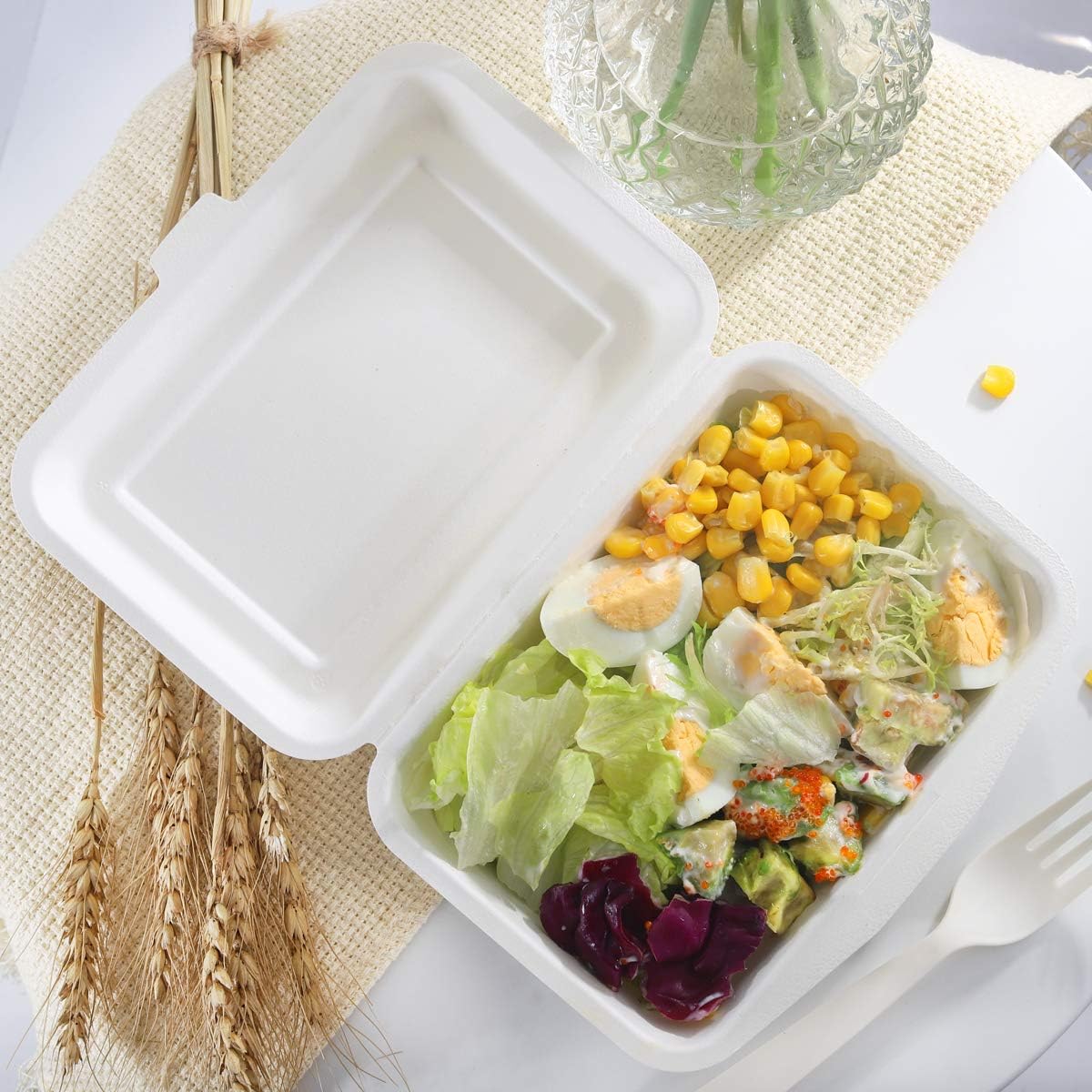 I00000 125Pack 7"x5" Compostable Food Containers- Biodegradable Take Out Food Containers with Lid- 1 Compartment Microwaveable Take Out Lunch Boxes, Made of Sugar Cane Fibers for party