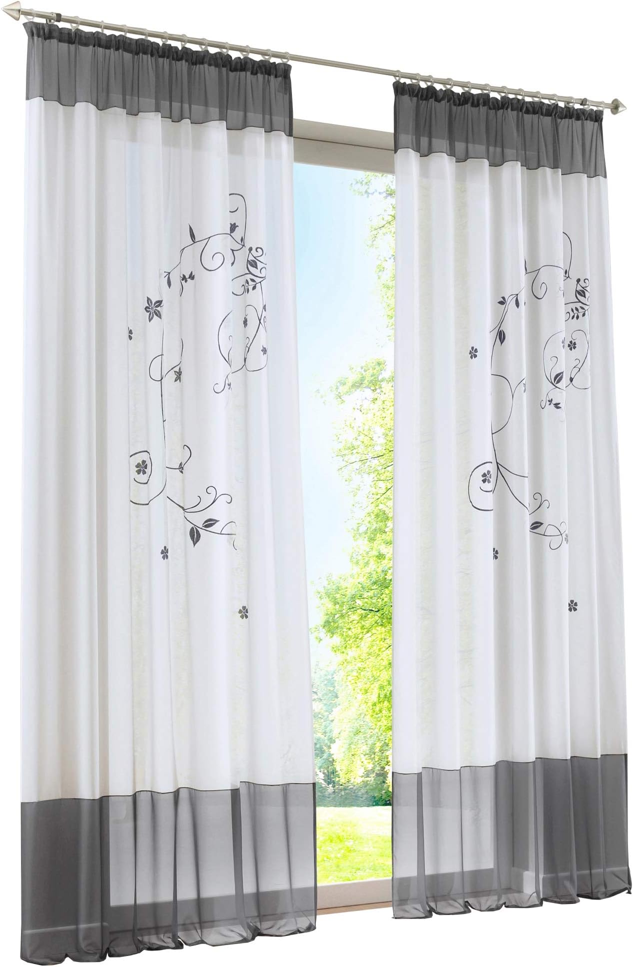 BAILEY JO Pack of 1 Tab-Top Curtains with Flowers Embroidered Transparent Voile Curtain (W x H 140 x 175 cm, Grey with Ruffle Tape)