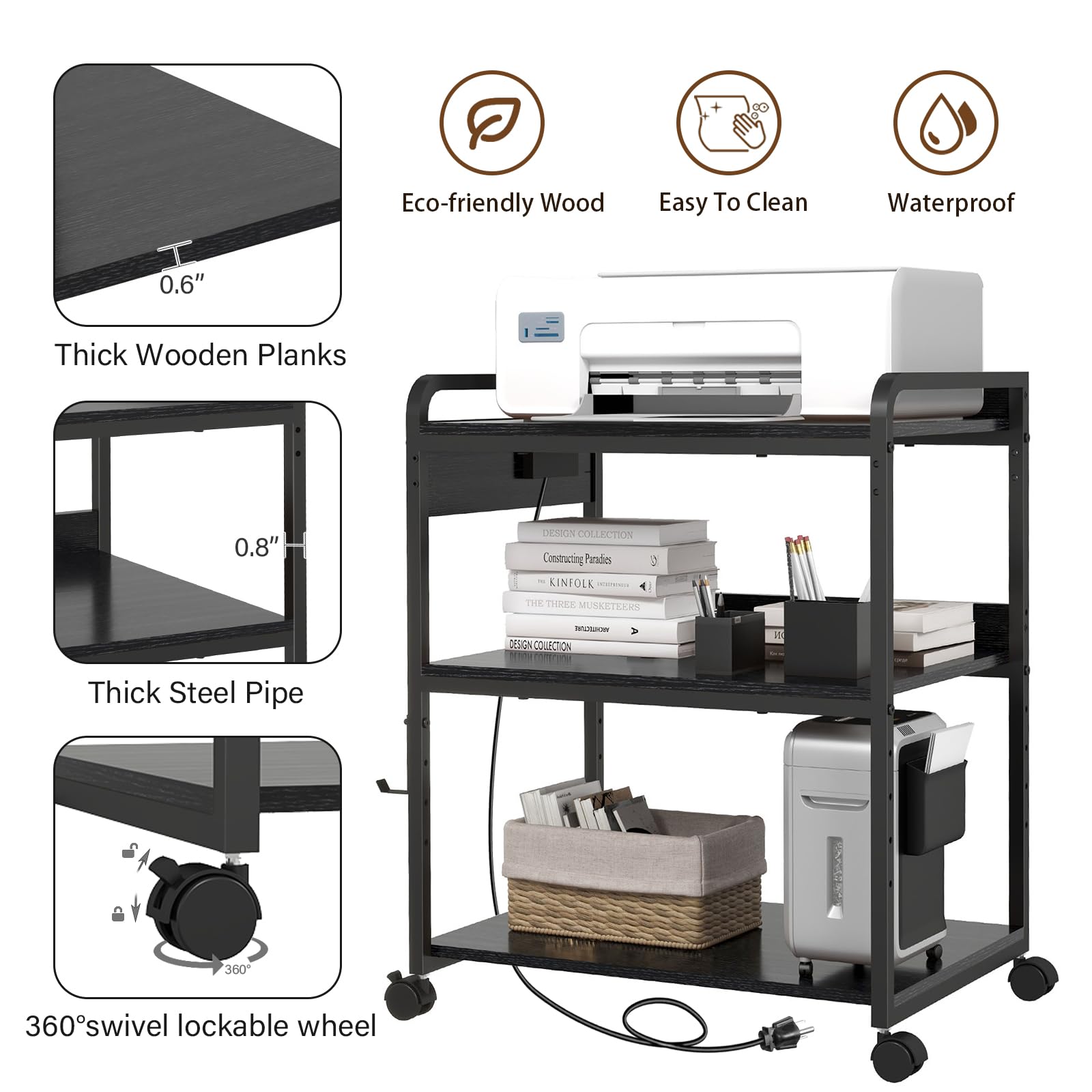 Livofloral Printer Stands with Charging Station 25 2 x 18 9 Inch Large Printer Stand with Wheels for — view 5