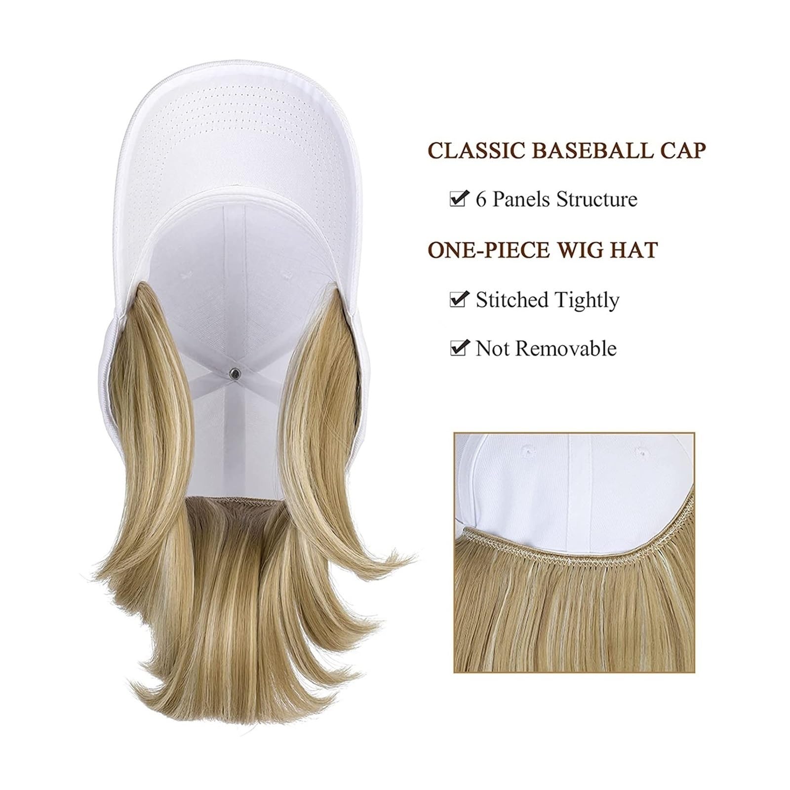 Wig Cap Peluca de béisbol ondulada corta Bob sintético Sombrero blanco/negro Pelucas Gorra con cabello Conexión natural ajustable(1)