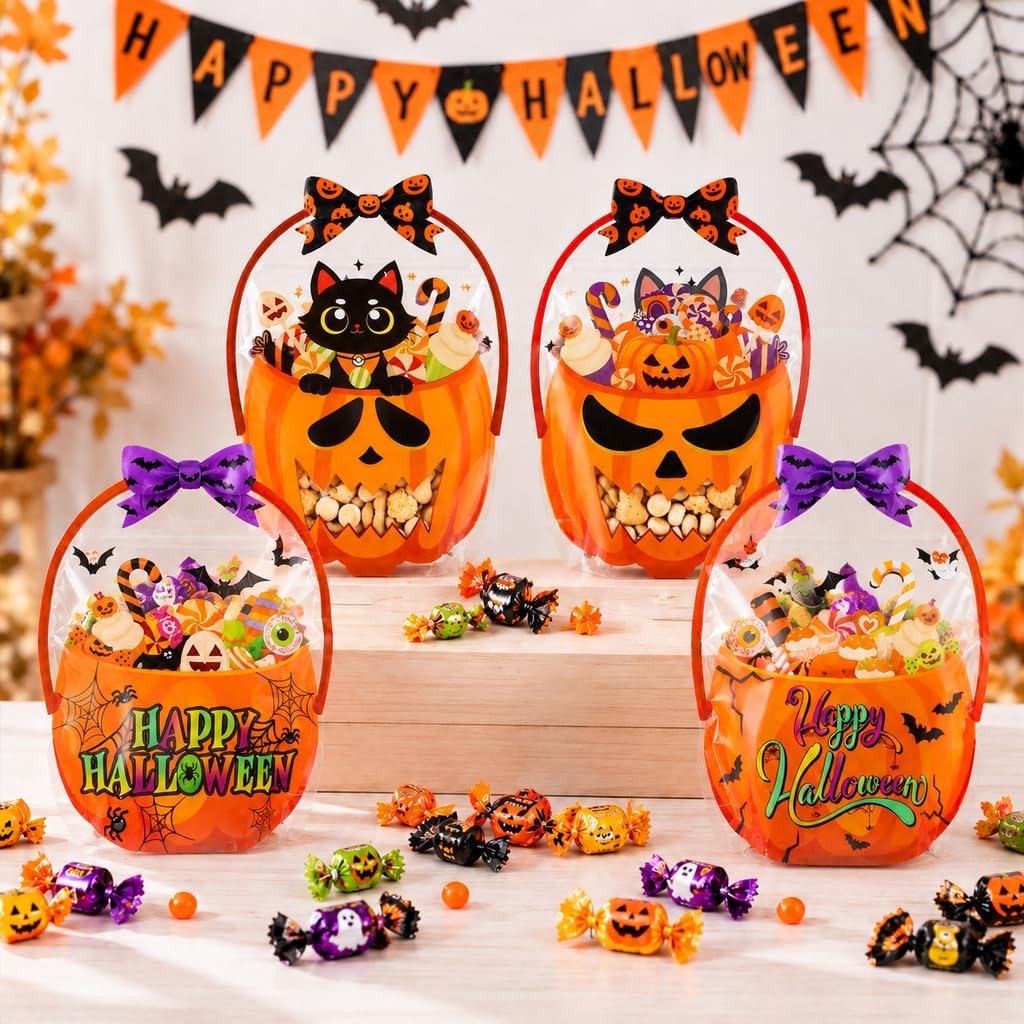 Halloween Treat Bags, 24 PCS Halloween Trick or Treat Bags with Handles, Clear Plastic Flat Bottom Ziplock Bag Pumpkin Candy Goodie Snack Goody Bag for Gifts Wrapping Halloween Party Favor Supplies image 5