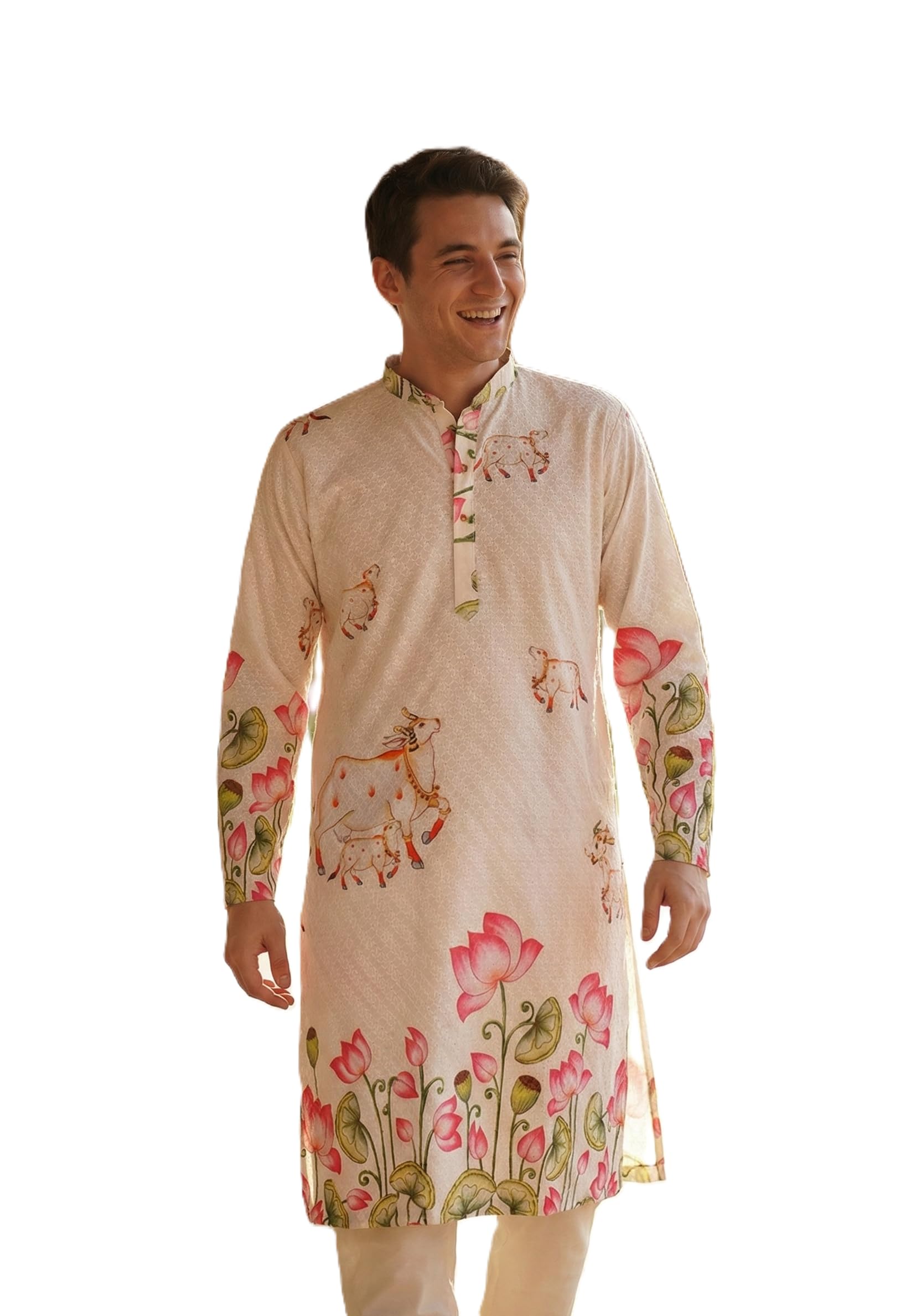 tb trybuy.in Traditional Printed Cotton Kurta for Men | Men’s Festive Printed Kurta | Ethnic Long Kurta with Royal Palace & Animal Motif Design | Ideal for Weddings & Celebrations-picture-42