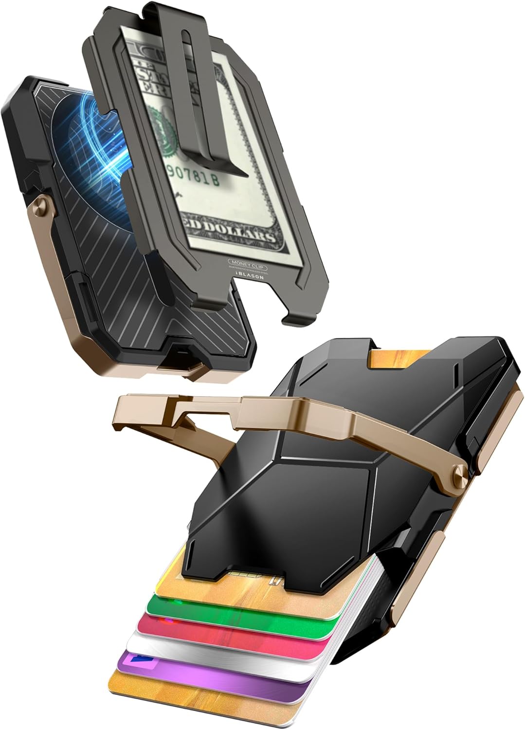 i-Blason for MagSafe Wallet Stand, Magnetic Wallet for iPhone [Magnetic Money Clip] [6 Cards Holder] [RFID Blocking] [Metal Lock Cover] Phone Credit Card Holder for iPhone 17/16/15/14/13 Series, Gold