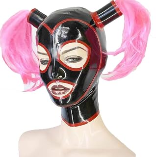 Black Latex Hood with Ponytail Wig Back Zipper Rubber Mask for Party Nightclub Prom Cosplay Fetish