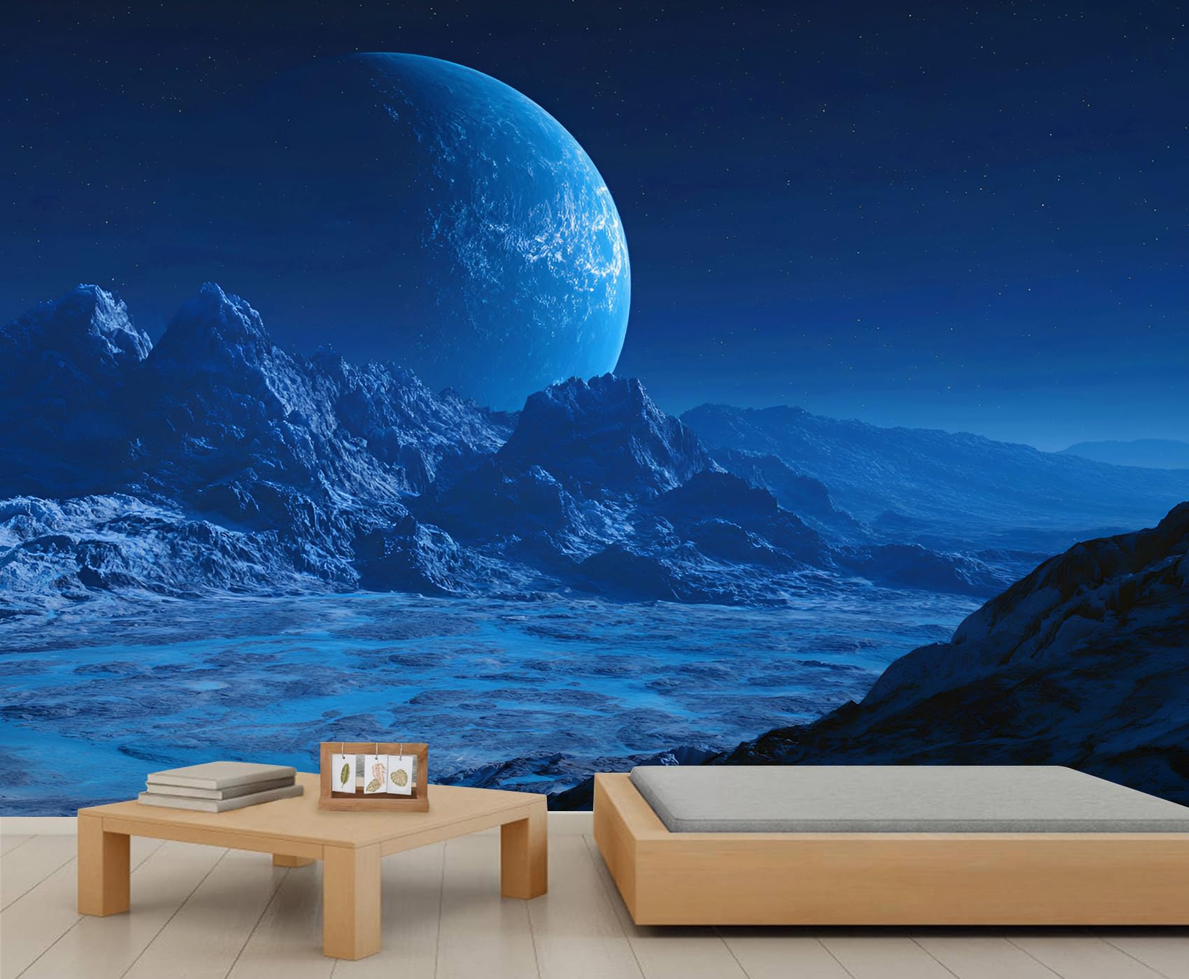 Space Planet Wallpaper Mural Blue Alien Planet Wall Mural Blue Starry Sky Murals Sci-Fi Alien World Wall Murals for Bedroom Living Room 390 x 260 cm