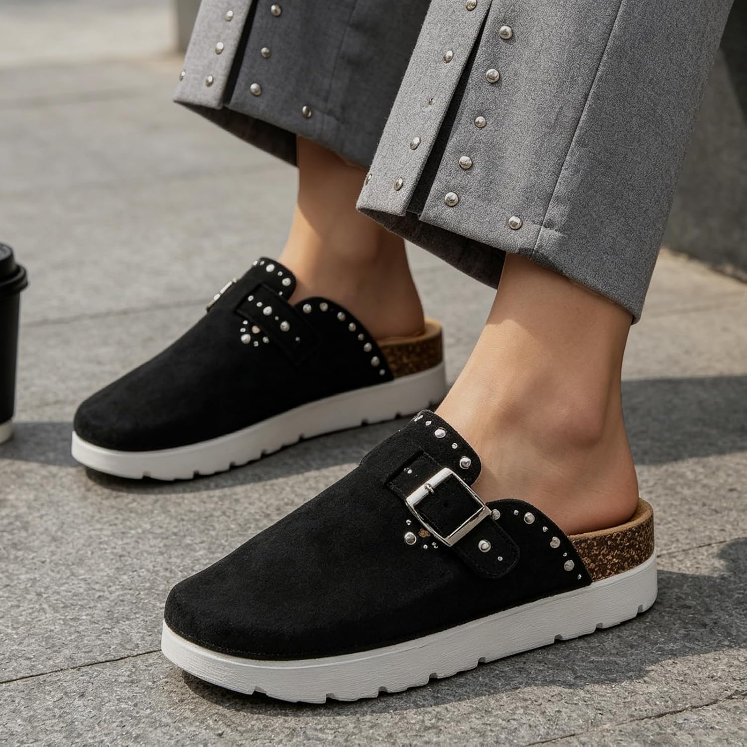 Platform Clogs for Women Suede Clogs Potato Shoes Cork Footbed Chunky Mules | Arch Support Memory Foam Platform Womens Clogs with Adjustable Buckle, Studded Thick Sole Comfort Non-Slip Walking Slippers