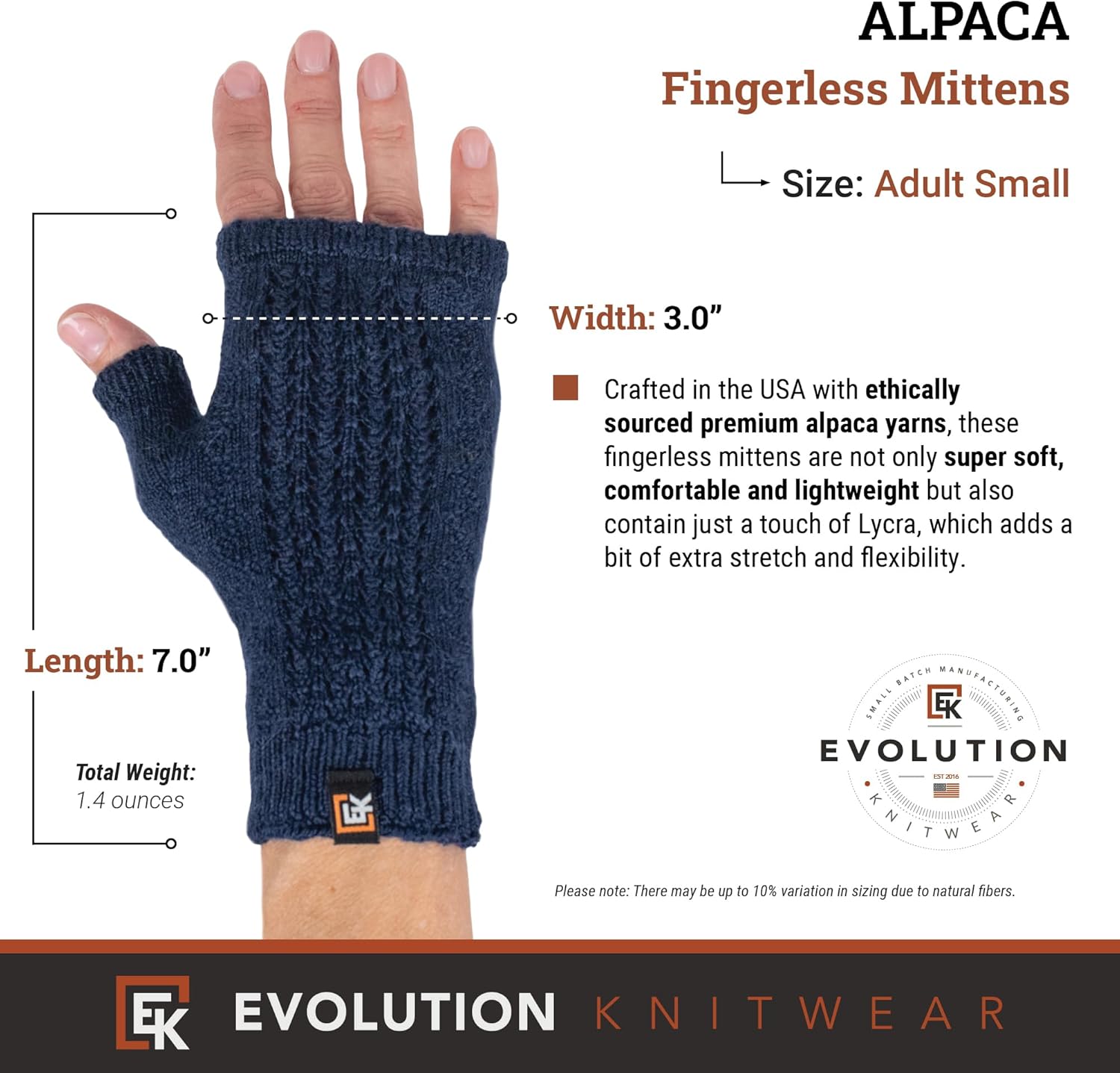Evolution Knitwear Alpaca Mesh Knit Fingerless Mittens - Made in the USA - Super Soft Baby Alpaca - Small