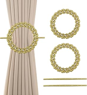 2 Pack Gold Curtain Tiebacks, Round Drapery Holdbacks, 20 Crystals
