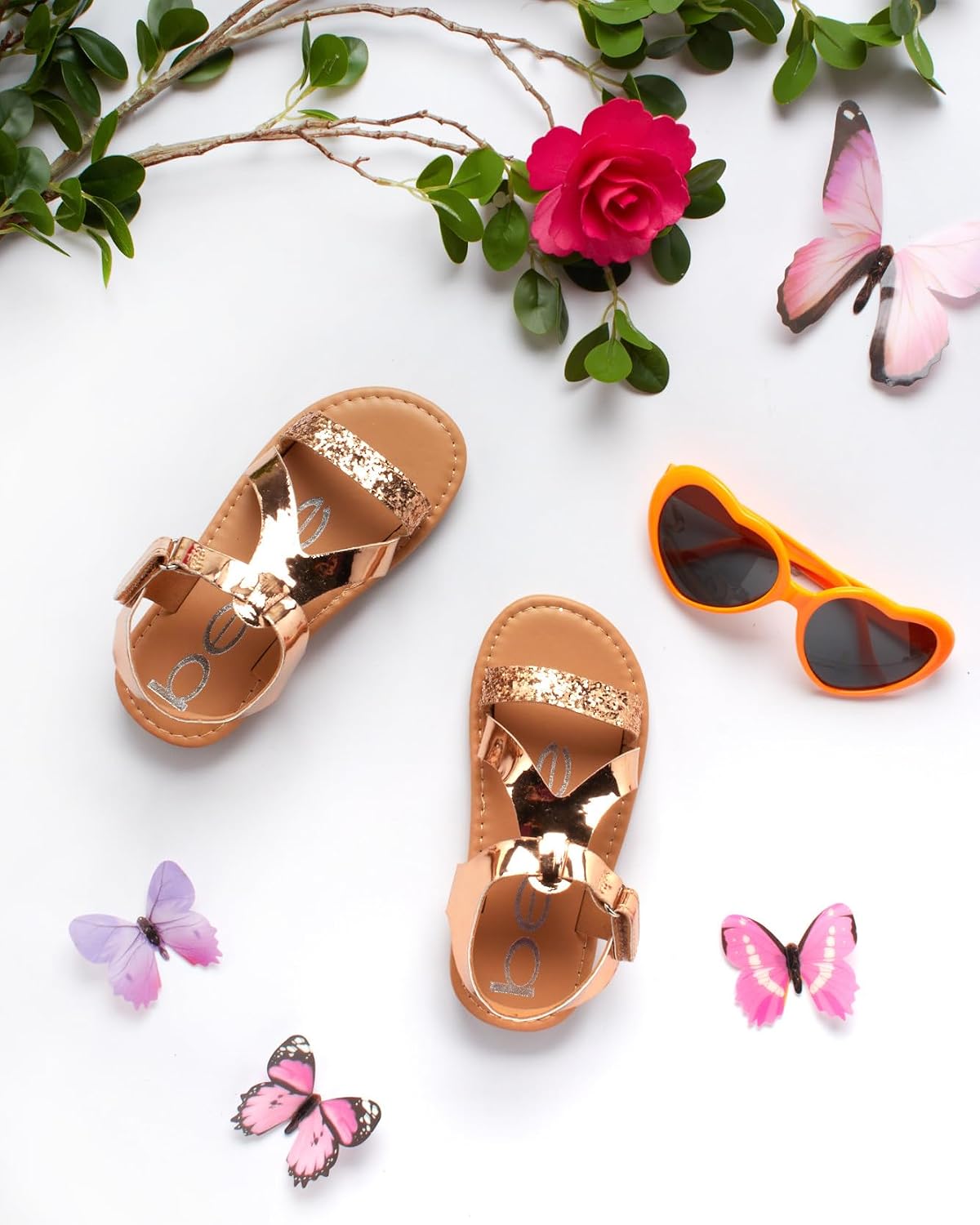 bebe Toddler Girls Sandals - Glitter Strap Open Toe Summer Shoes and Sandals for Toddler Girls with Hook and Loop Closure
