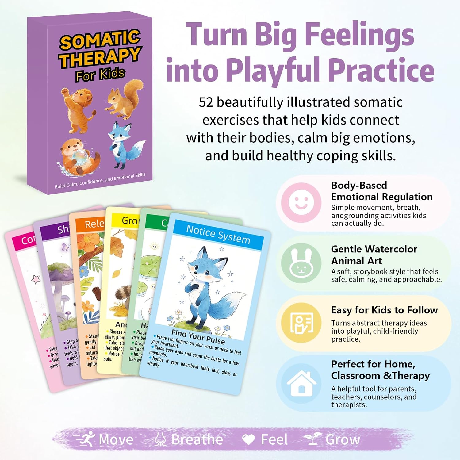 Somatic Therapy Cards for Kids, 52 Mindfulness & Emotional Regulation Activities for Calm, Focus, Coping Skills & Body Awareness - Social Emotional Learning Tools for Parents, Teachers, Therapists image 2