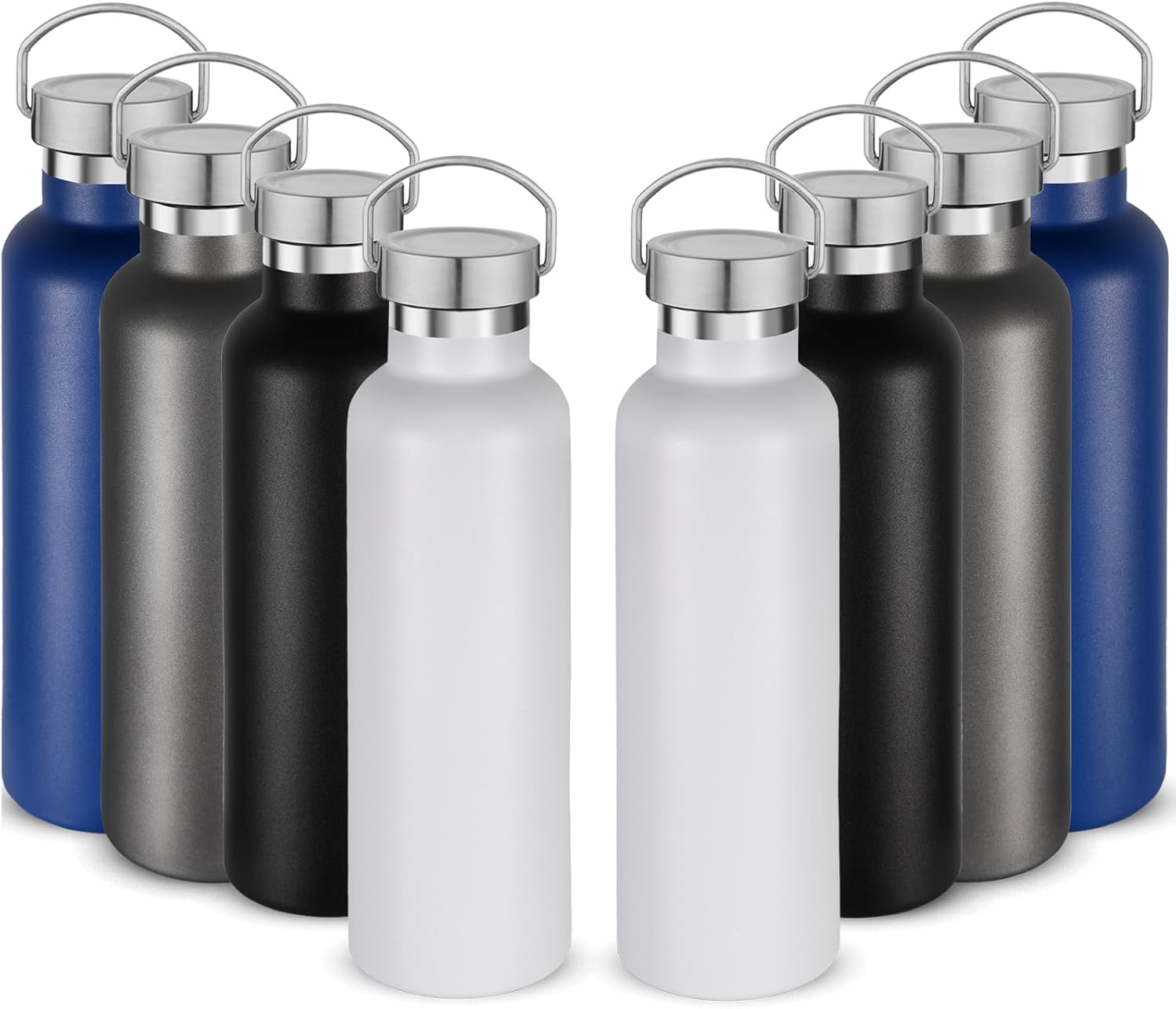 Volhoply 24oz Insulated Standard Mouth Water Bottle with Plastic & Stainless Steel Combination Lid Bulk 8 Pack, 304 18/8 Double Wall Vacuum Insulated Water Bottles, Reusable Metal Flask(Mix,8)