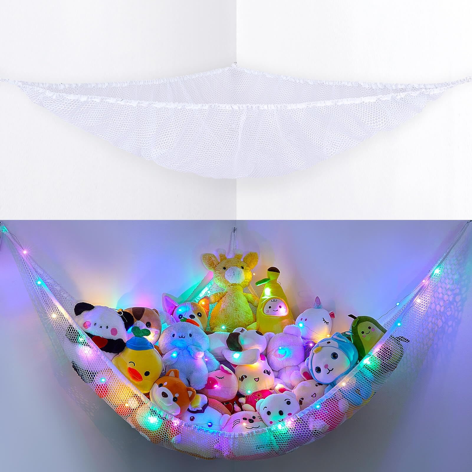 Stuffed Animals Storage with LED Light Room Decor Stuffed Animals Hammock Corner Kids Toy Storage Organizer Wall Decor Net for Stuffed Animals, White (Pack of 1)