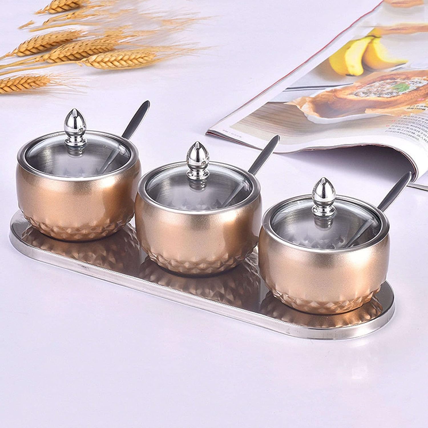 Condiment Set Seasoning Box Condiment Jar Stainless Steel Condiment Jar Spice Container Set With Lids Tray Spoons Seasoning Container Set Salt and Sugar Container Sets Condiment Pot (Color : C, Size