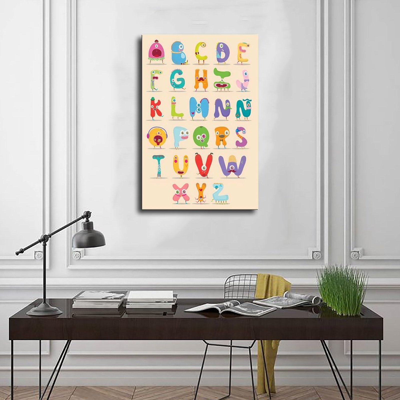 Poster éducatif sur toile représentant un petit monstre 24 lettres de l'alphabet pour enfants, décoration de chambre, bureau, chambre, cadeau, sans cadre : 60 x 90 cm
