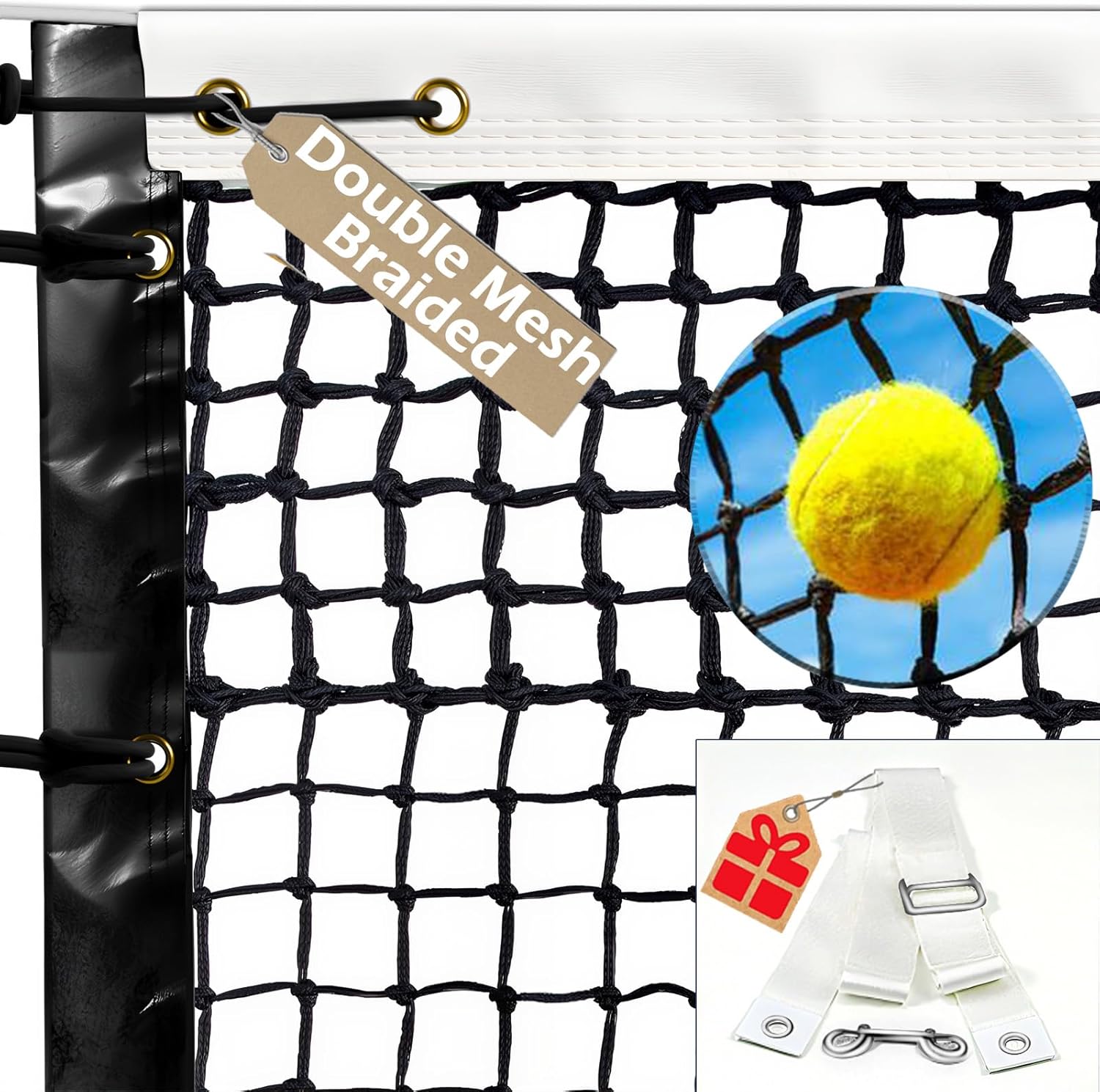 Tennis Net, Thicken Double 6 Rows Nets, Heavy Duty Professional Tennis Court 42FT Net Replacement Portable Nets Nylon for Outdoor/Indoor Standard Courts [ Include Center Strap ]