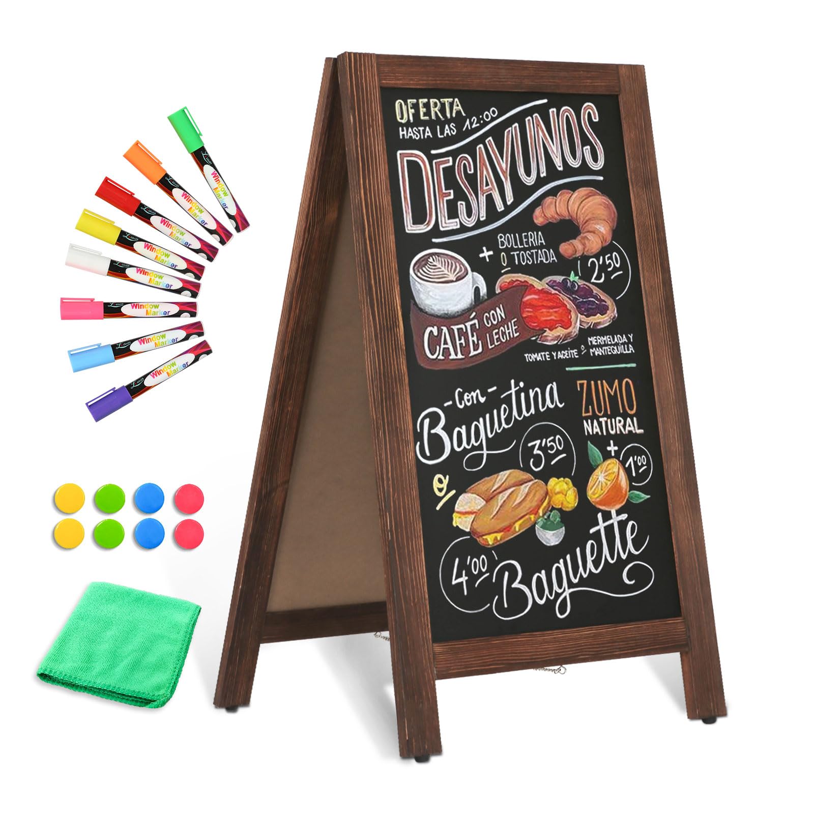 AMUSIGHT Wooden A-Frame Sign, Magnetic 40" x 20" Brown Chalk Board Sign Board, Double-Sided Sandwich Board Signs Outdoor, Chalkboard Easel, Menu Board