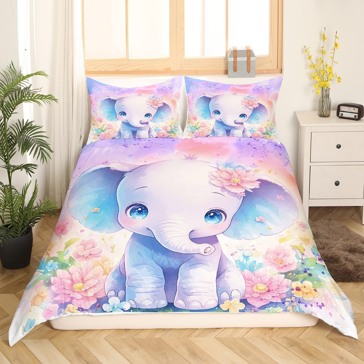 Feelyou Kids Elephant Comforter Cover Queen Size, Cute Elephant Bedding Set Boys Girls Cartoon Animal Duvet Cover Rainbow Floral Teens Bedspread Cover Bed Set with 2 Pillow Case(No Comforter)