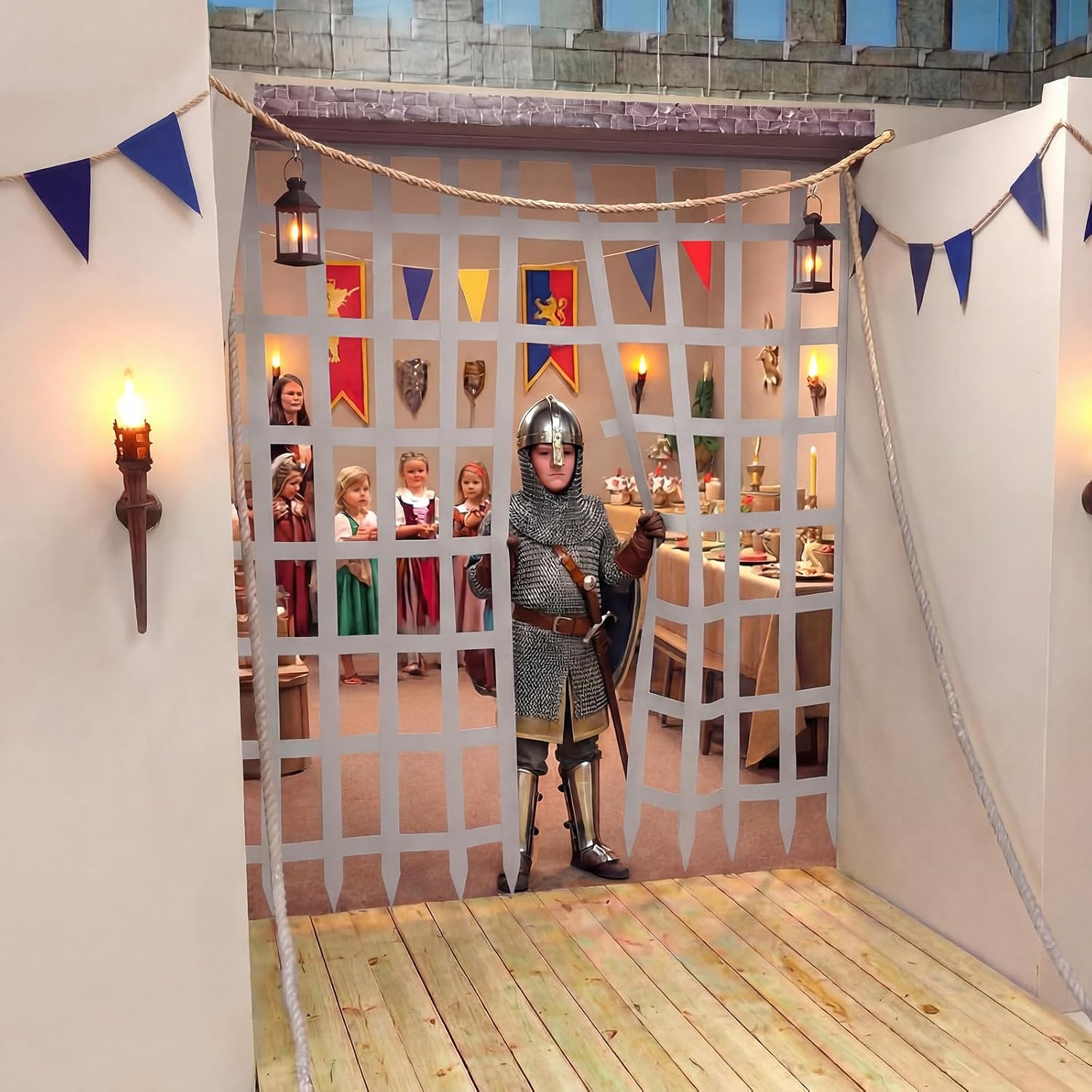 Frienda 1 Pcs Medieval Themed Party Decorations 4.9 ft Prison Fence Door Cover Medieval Birthday Castle Backdrop Renaissance Party Decorations for Knight Castle Birthday Photo Props Background