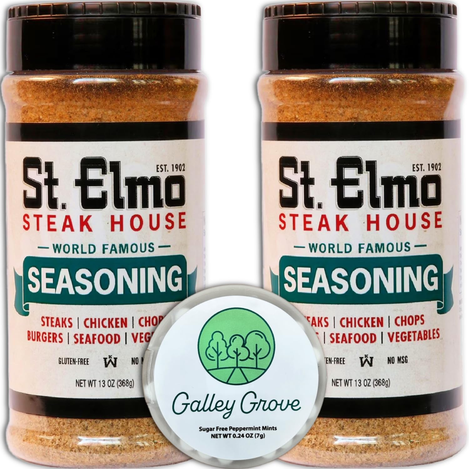 St Elmo Steak House Steakhouse Seasoning Bulk, Extra Large 13 oz Shaker Bottles, 2-Pack (1.63 lb) – Professional-Grade, Restaurant-Style Flavor – with Galley Grove Sugar-Free Breath Mints