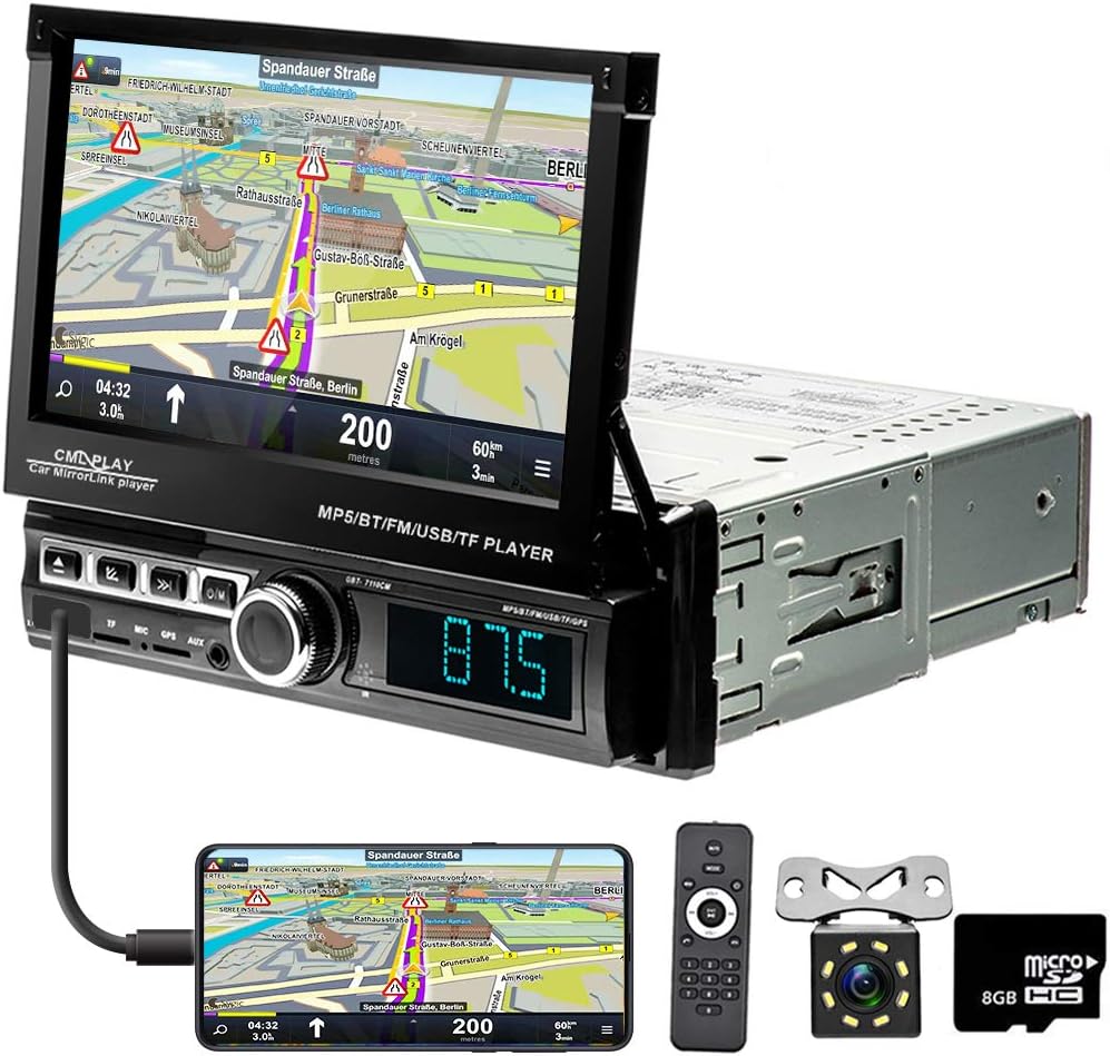 Car Stereo Single Din in Dash GPS Navigation 7 Inch Motorized Flip Out Touch Screen Bluetooth Car Radio Head Unit Car MP5 FM/USB/TF/AUX-in, Mirror Link, Remote Control + Rear View Camera 8G Map Card