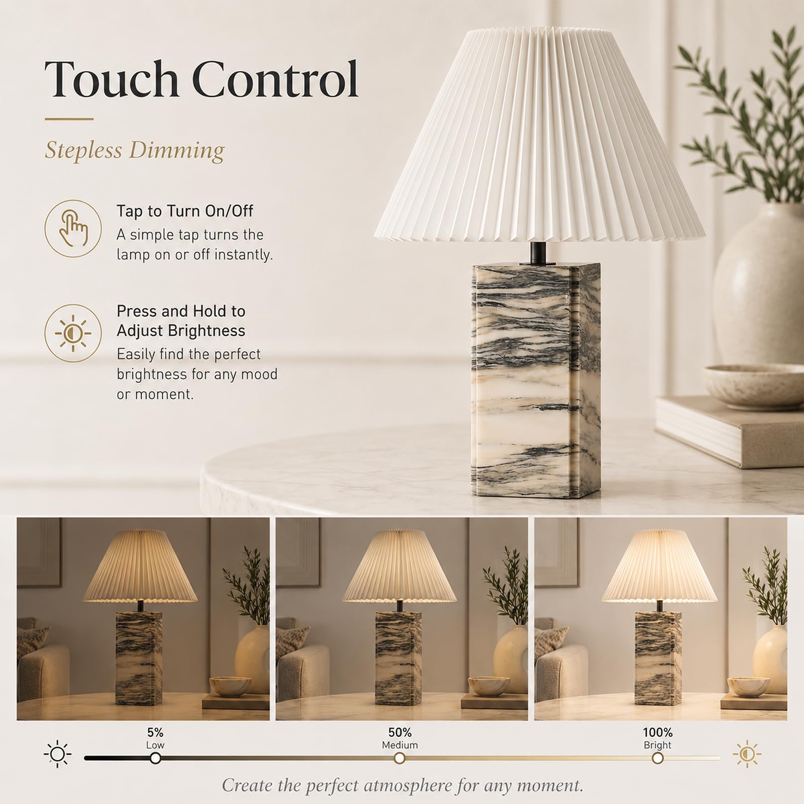 Lámpara De Mesa De Mármol Recargable Sin Cables, Regulador Táctil, Pantalla Plisada Beige De Tela, Moderna De Piedra Auténtica, Casquillo E27, 3 Temperaturas, Para Mesita, Dormitorio, Salón