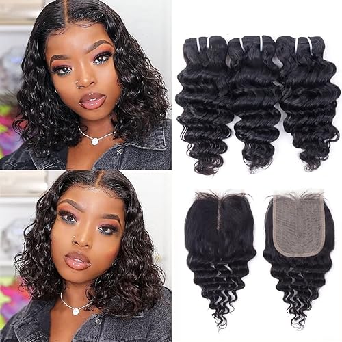 Extensiones de cabello humano brasileño rizado profundo con cierre, 3 paquetes con cierre (10, 10, 10, 10+10), parte media, 4 x 4 pulgadas, cierre