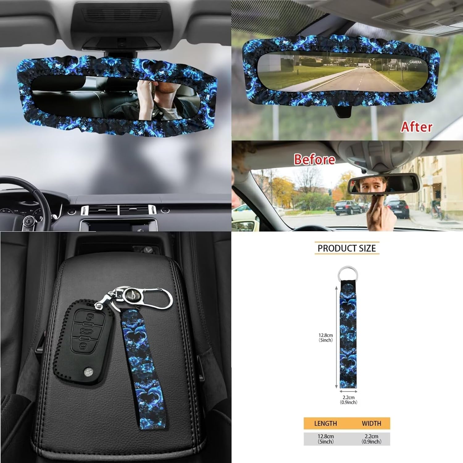 Wanyint Blue Dolphin Floral 15 PCS Car Seat Cover Full Set with Auto Steering Wheel Cover Seat Belt Strap Pads Cup Coasters Trash Bag Air Vent Storage Bag Rearview Mirror Cover Keychain Universal Fit