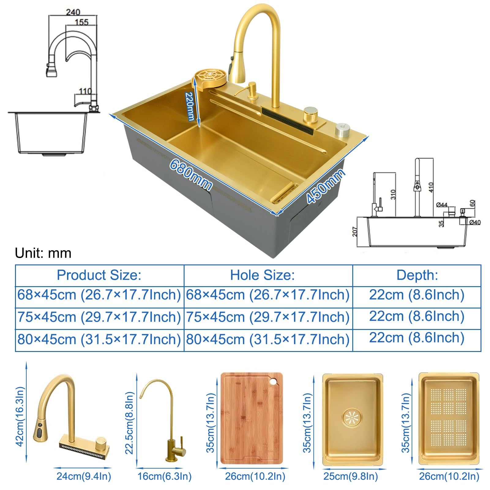 Stainless Steel Waterfall Kitchen Sink Combo With Pull-Out Faucet Nano-Coated Topmount Single Bowl Workstation Sink With Accessories, Pressure Pot Washer, Cutting Board, Draining Basket(Gold,68x45cm)