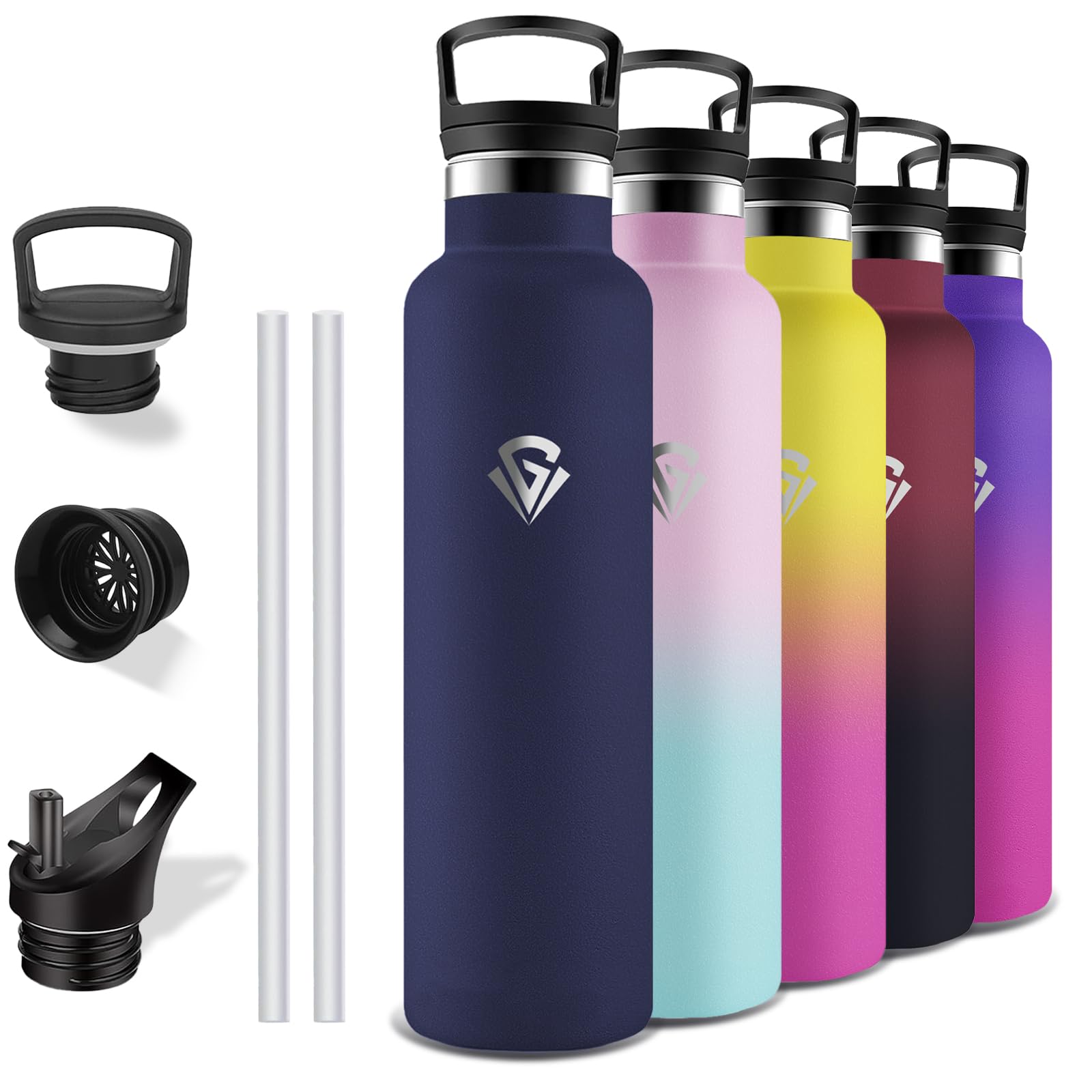 Grsta Darkblue Stainless Steel Water Bottle, 1 Litre, Water Bottle With Straw, Bpa-Free, Leak-Proof, Double-Walled Vacuum Insulated, Thermos Flask For Yoga, Camping, Hiking, Gym