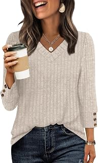 V Neck 3/4 Length Sleeve Womens Tops Casual Fall Shirts Lightweight Tunic Sweaters Fashion Clothes 2025