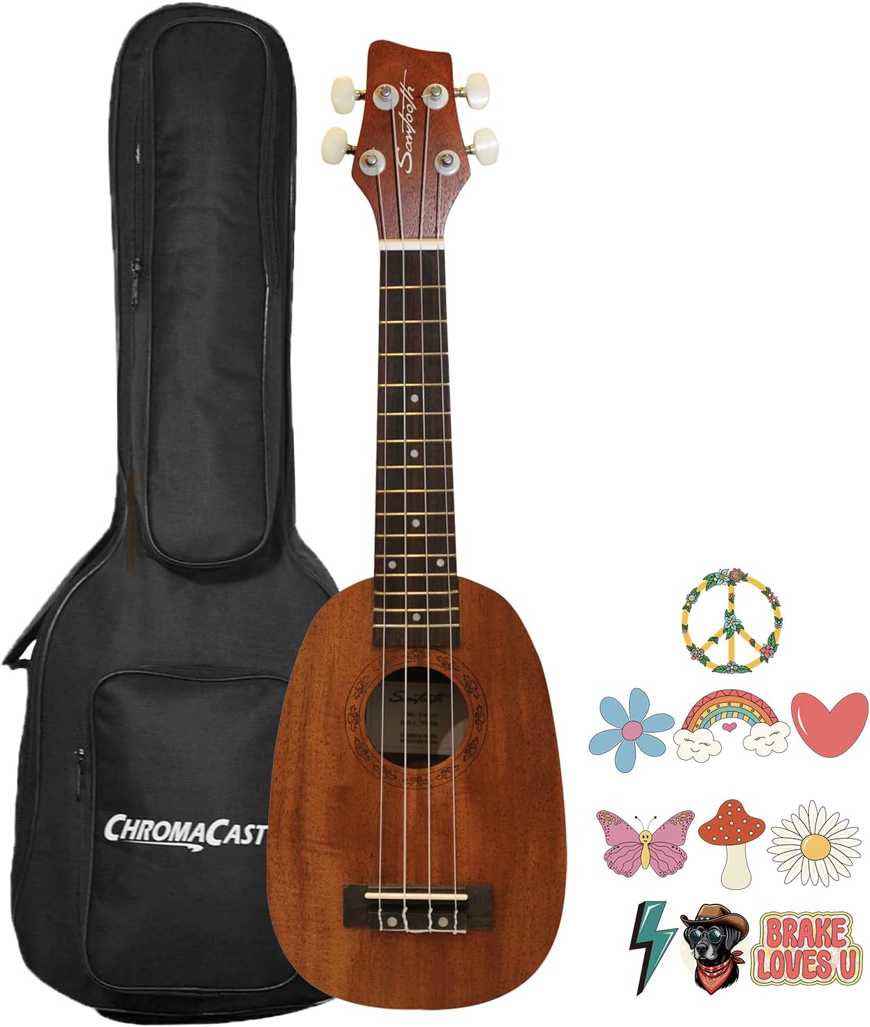 Sawtooth Mahogany Pineapple Soprano Ukulele w Gig Bag and Official Brake Stickers