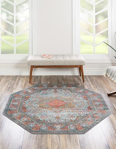 Unique Loom Baracoa Collection - Alfombra malecón (octágono de 5 pies 1 pulgada, azul claronaranja)