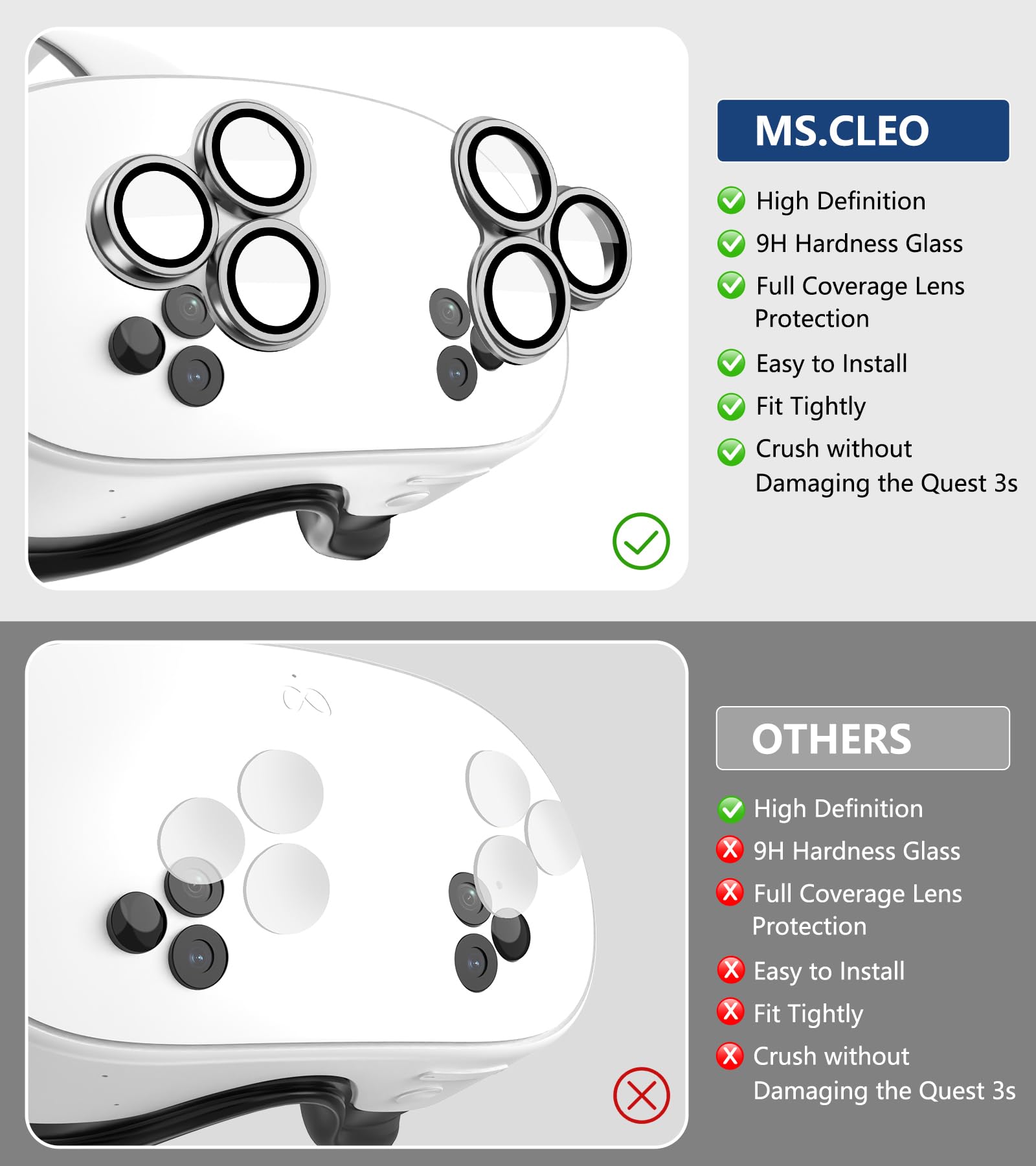 Lot de 2 protecteurs d'objectif d'appareil photo compatibles avec Meta/Oculus Quest 3s, accessoires de réalité virtuelle, protection d'écran en verre trempé 9H, anti-rayures et anti-traces de doigts