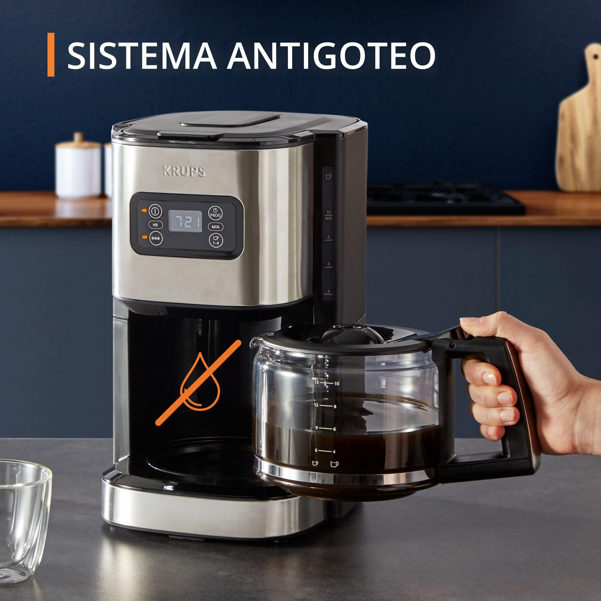 Krups First – Cafetera de filtro 1,25 L, acero inoxidable, temporizador 24 horas, selector de intensidad de la infusión, cabezal de agua, modo preinfusión, antigoteo, hasta 15 tazas, KM480D
